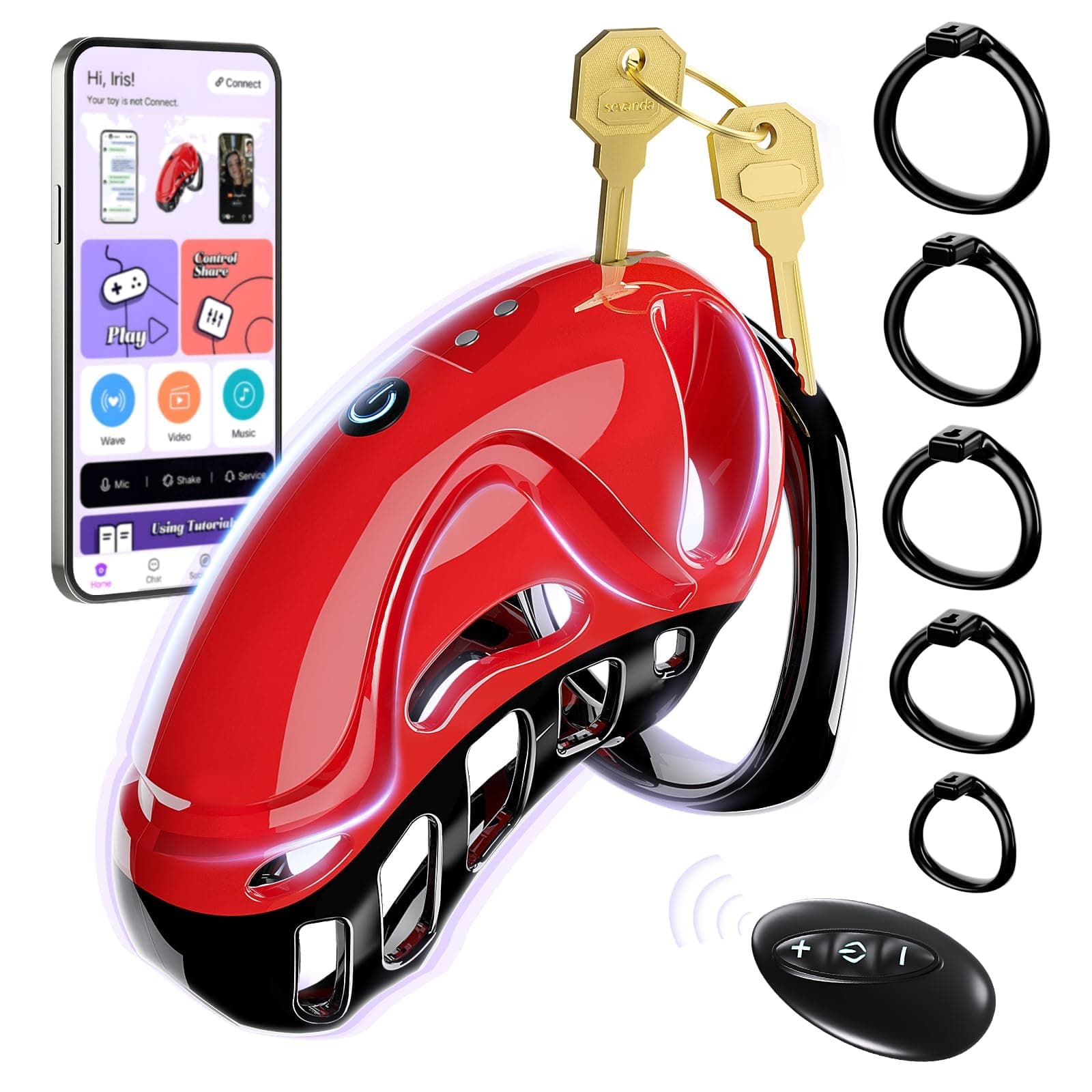 Male Chastity Device with App & Remote Control - Adjustable Cock Cage Set, 5 Rings, 10 Vibration Modes for Adult Exercise Gear RF8K121