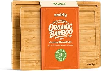 SMIRLY Bamboo Wooden Cutting Boards for Kitchen, Set of 2 Medium - Small, Bamboo Wood Cutting Board Set with Deep Juice Grooves, Non Toxic Serving Tray, House Warming Gifts