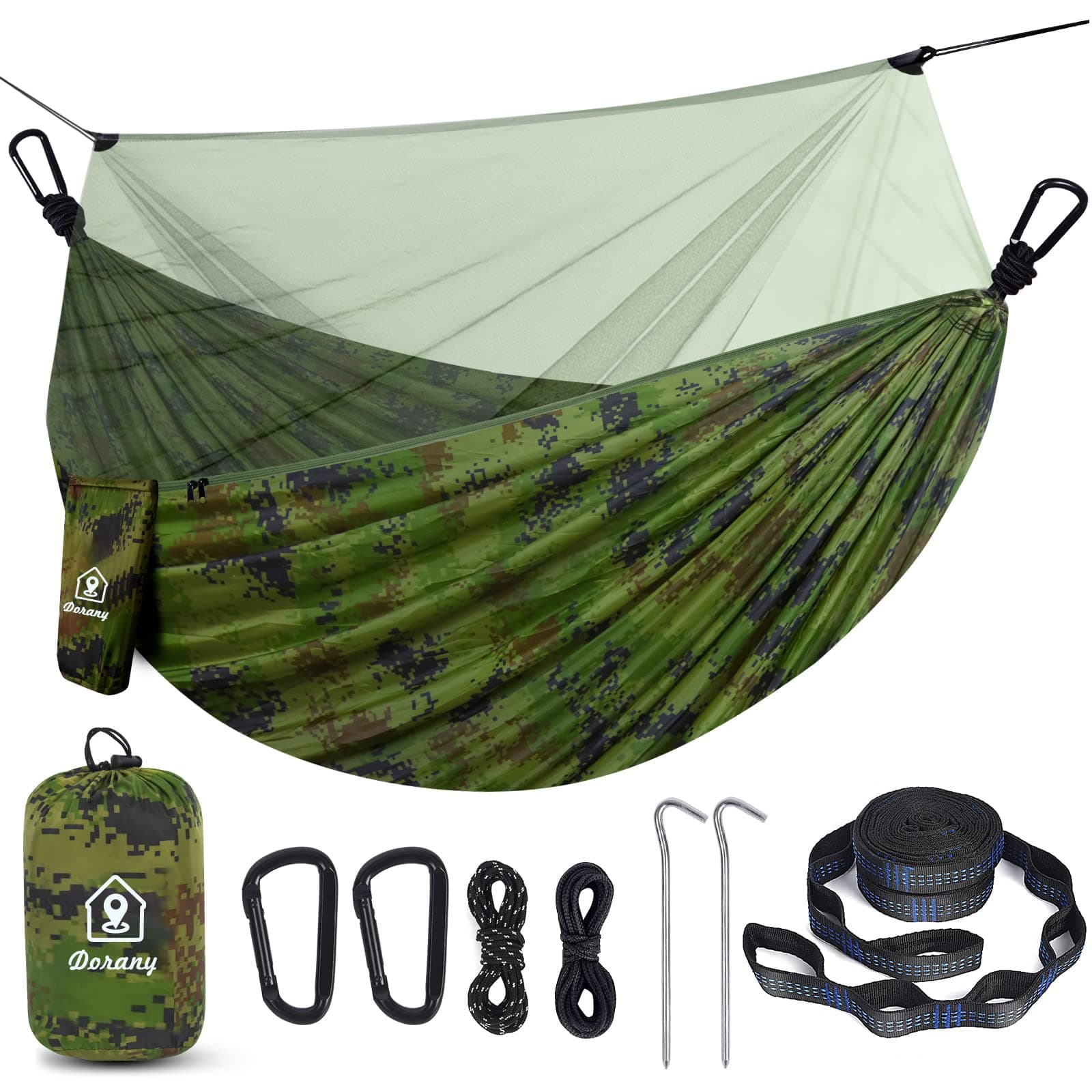 Camping Hammock with Net,Travel Portable Lightweight Hammocks with Tree Straps and Solid D-Shape Carabiners,Parachute Nylon Hammock for Outsides Backpacking Beach Backyard Patio Hiking (Camo)