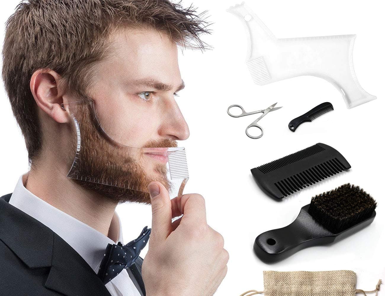IGEA Beard Care Kit 6 in 1,Beard Brush, Comb, Beard Shaper, Scissors, Travel Bag, Works with Beard Razor Electric Trimmers
