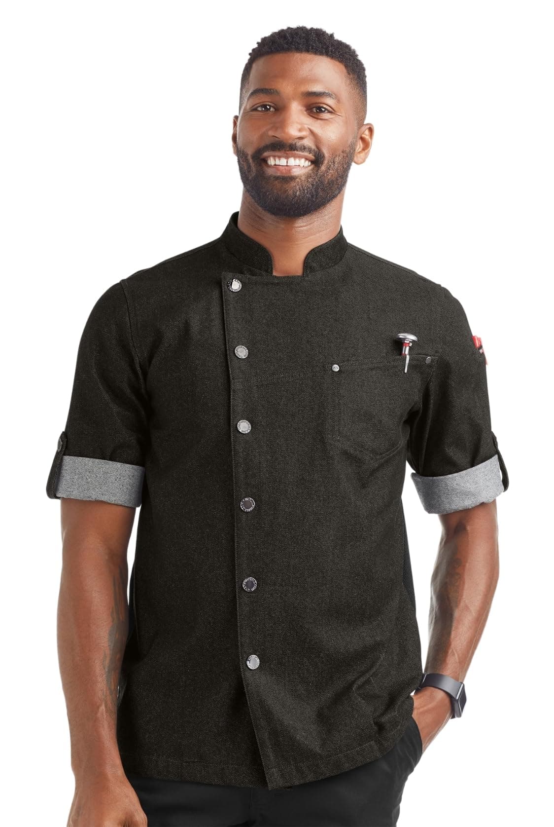 Men?s Asymmetrical Premium Denim Chef Coat with Mesh Side Panels (S-3X, Black), Black Denim, X-Large