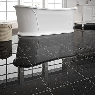20-Pack 20 Sq.Ft Peel and Stick Floor Tiles Vinyl Glossy Pattern Flooring, 12” x 12” Self Adhesive Vinyl Flooring DIY for Kitchen, Bathroom, Laundry, Polish Black Galaxy Marble