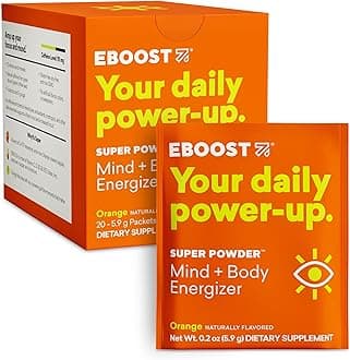 EBOOST Super Powder Drink Mix - Orange 0.2 oz 20 Pack Hydration Energizer Electrolytes Powder - 13 Vitamins & Minerals - 110 mg Caffeine - 0 Added Sugar - No Artificial Flavors or Sweeteners