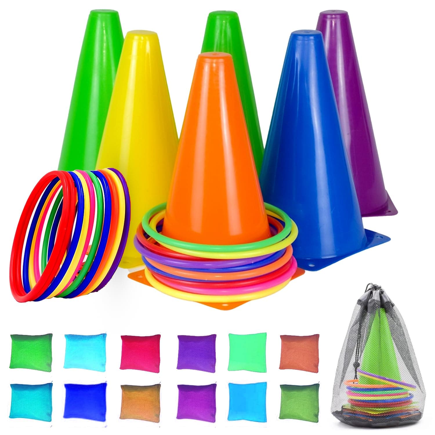 CircleCraft 31 Pcs. Plastic Cones and Rings Games Ring Toss Games for Adults, Carnival Games for Kids, Bean Bag for Kids Games Birthday Party, Yard Game, Sports & Outdoor Game for Family Party