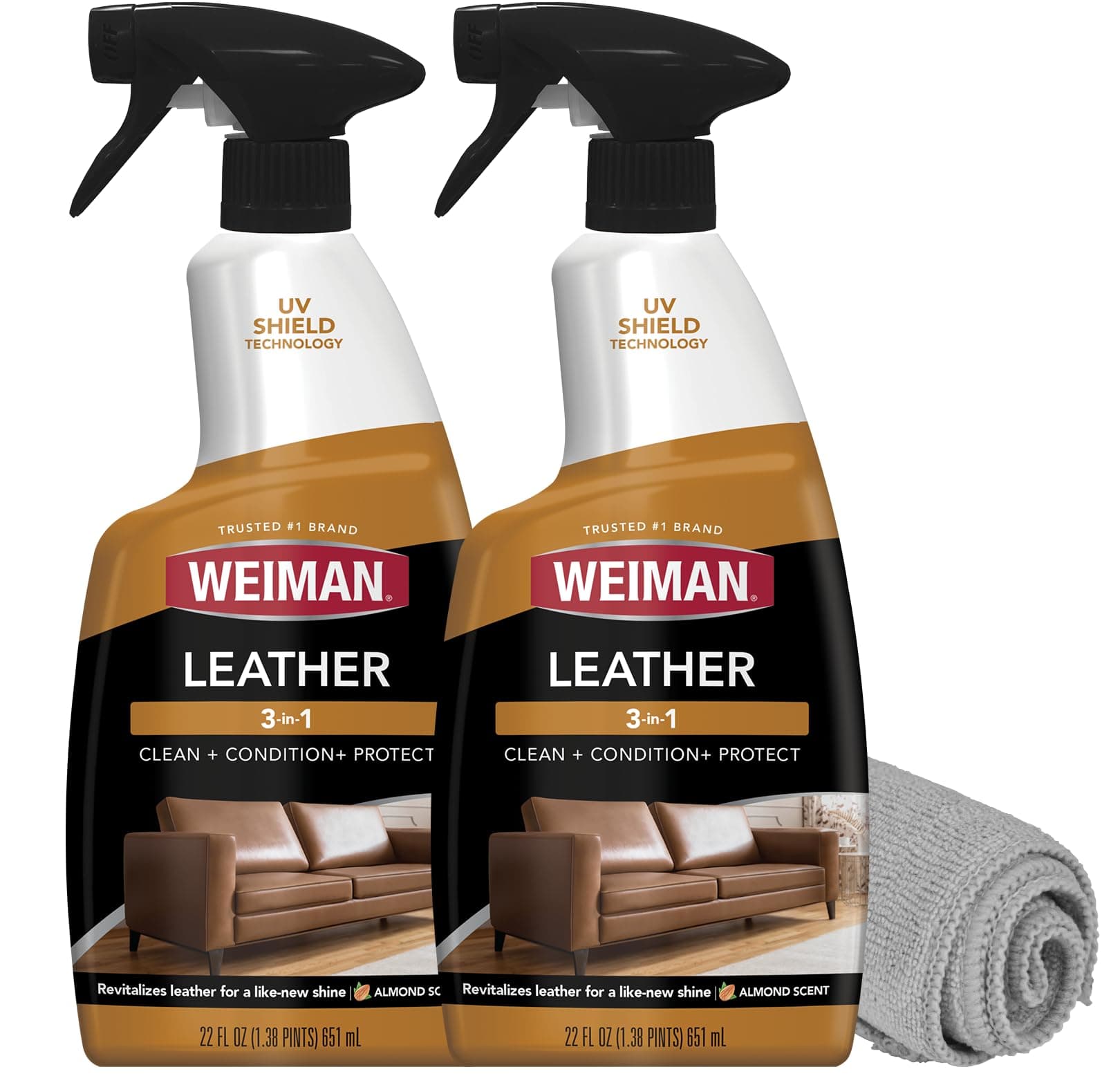 Weiman Leather Cleaner & Conditioner - Cleans, Restores & Protects Leather, UV Protection Prevent Cracking & Fading, For Car Seats, Sofas, Shoes, Bags & All Finished Leather Surfaces, 2 Pack, 22 FL Oz