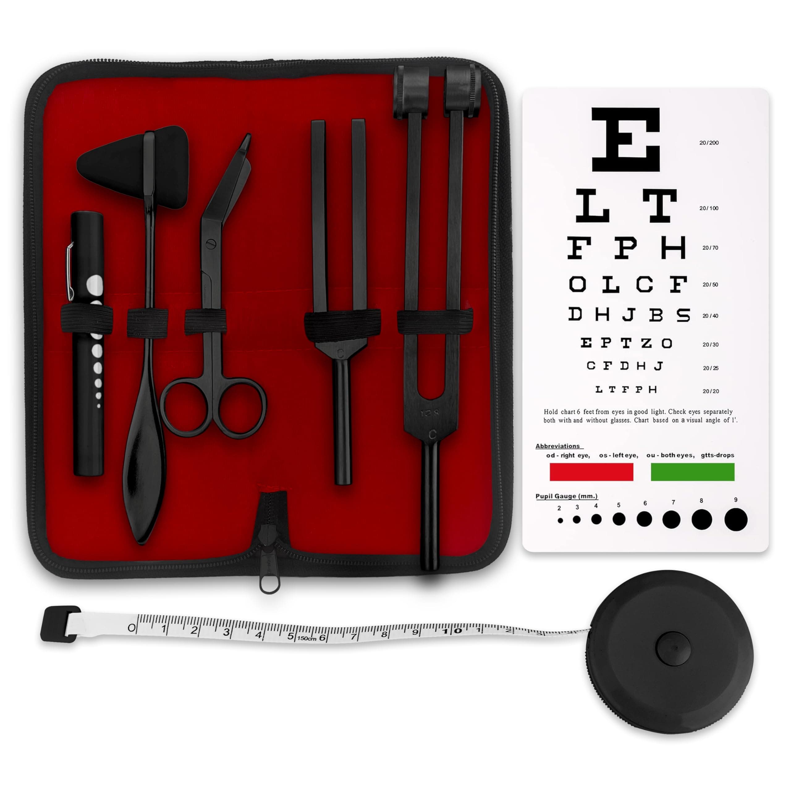 ASA TECHMED 7-Piece Premium Black Tactical Diagnostic Kit - Taylor Hammer, Tape Measure, Tuning Forks, Bandage Scissors, Pupil Gauge Pen, Snellen Eye Chart (Black)