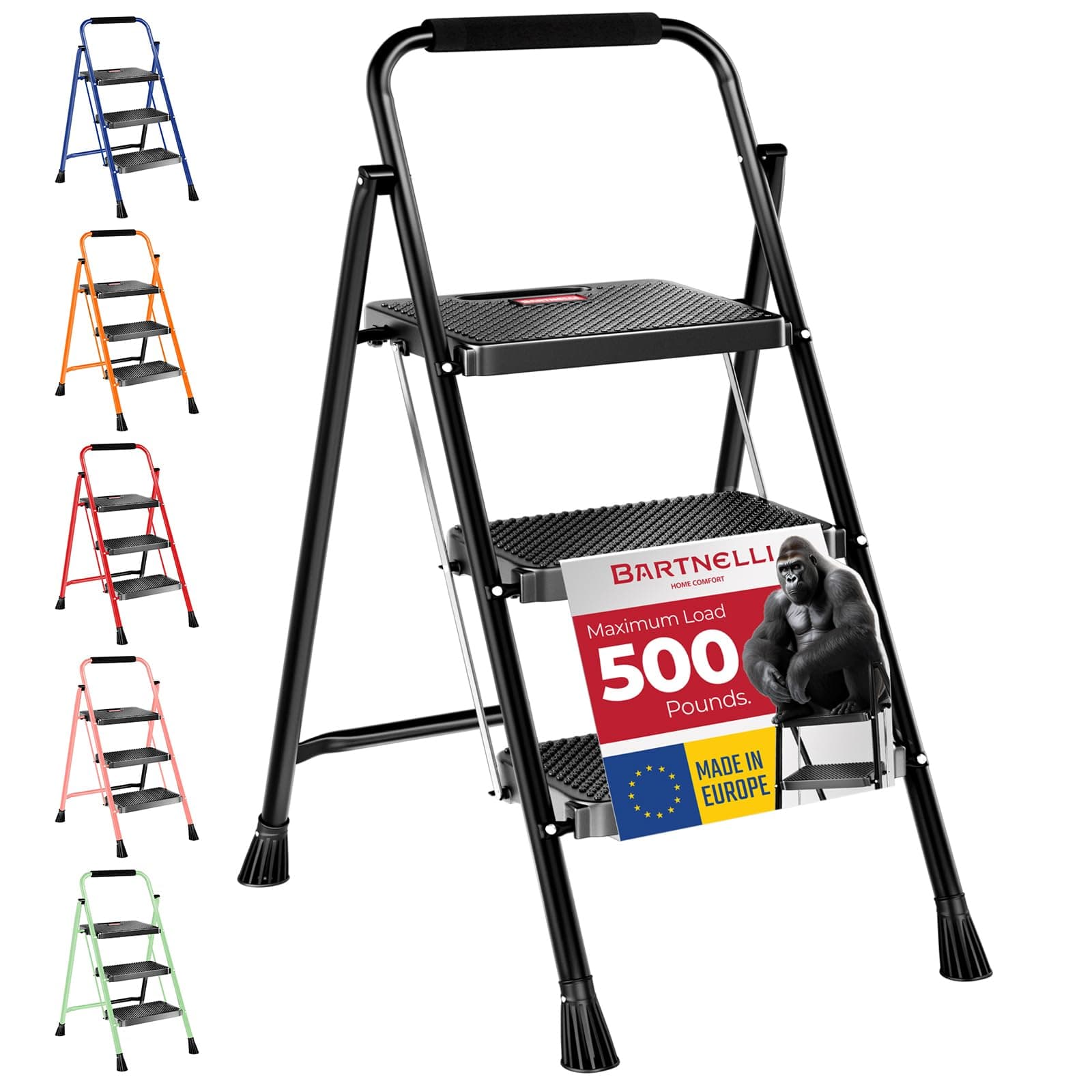 Pro Luxury Step Ladder | European Made 3 Step Foldable Step Stool for Home | Rock-Solid 500 lb Capacity,Built to Last with Highest-Grade Sturdy Steel Construction,Soft Handle, Anti-Slip Feet
