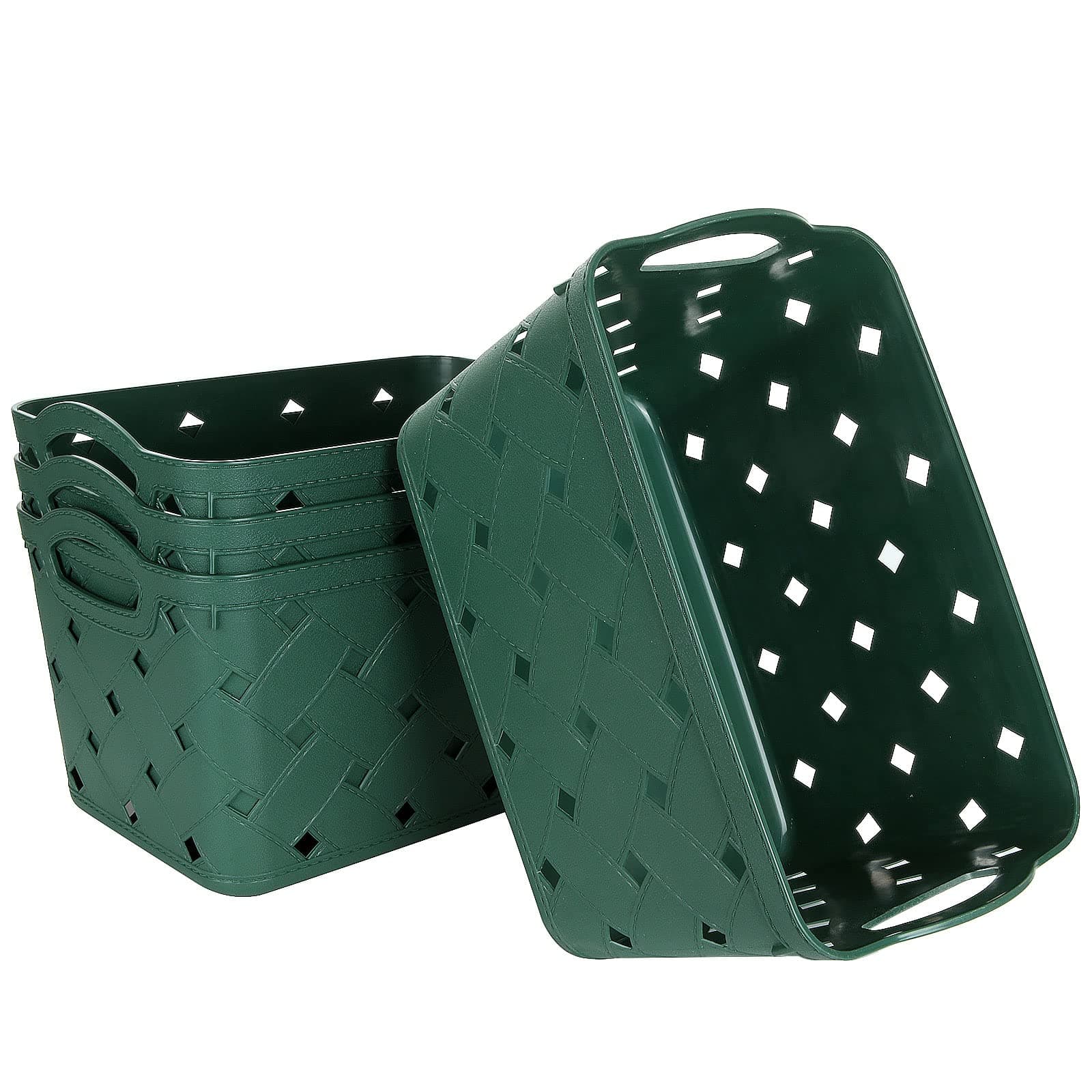 ASelected 4 Pack Plastic Woven Storage Basket With Handles, Middle 27.5x18.5x17.5cm, Beautiful Fashionable, Skin Pattern Cross Woven, For Kitchen, Living Room, Office, Bathroom, Bedroom, (Green)