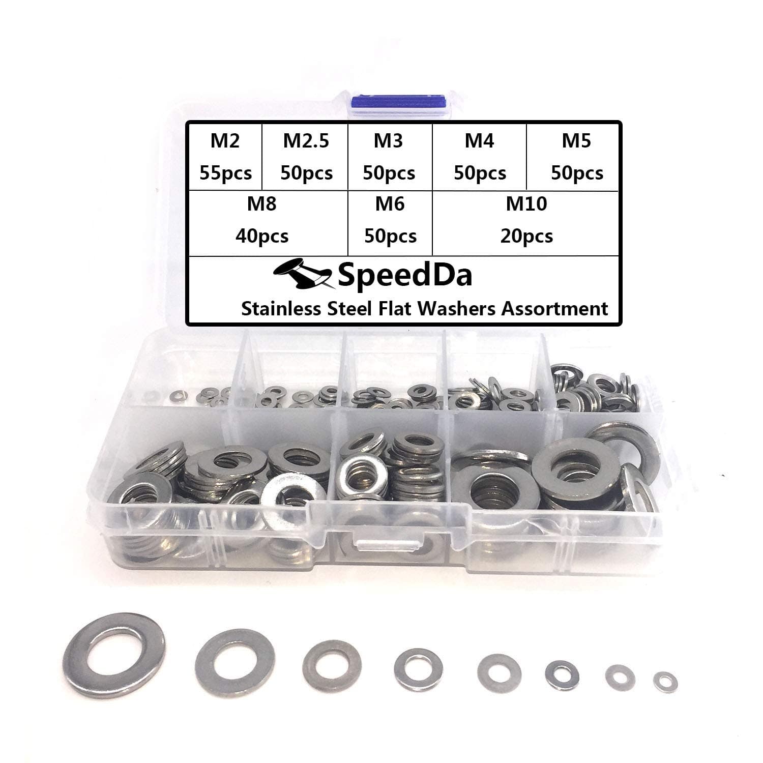 SpeedDa 365pcs Stainless Steel Flat Washers Assortment Set 8 Sizes(M2 M2.5 M3 M4 M5 M6 M8 M10)