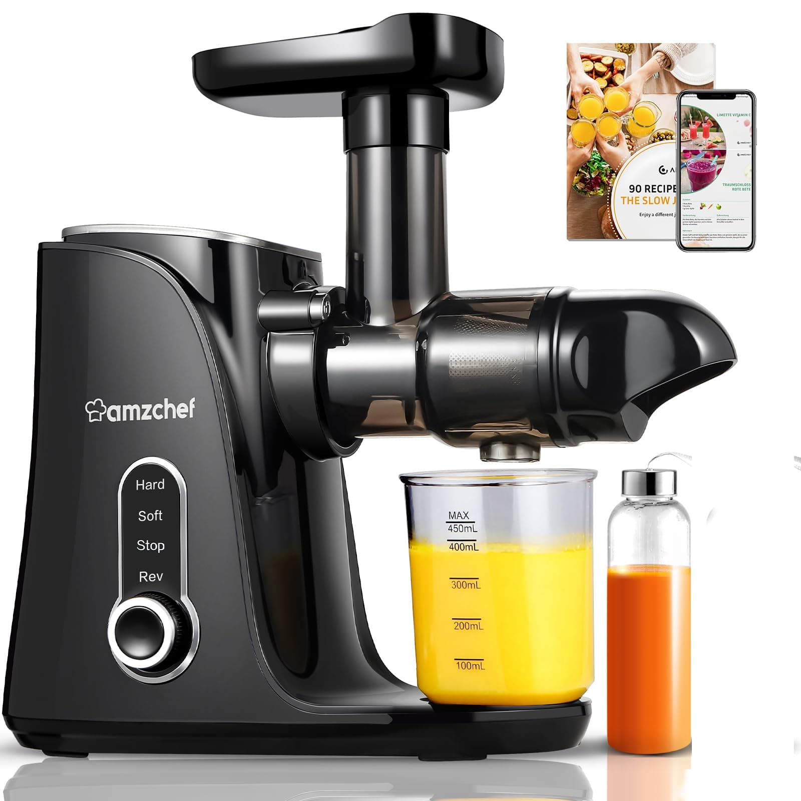 AMZCHEF Juicer Machines, Slow Masticating Juicer Extractor, Cold Press Juicer with Two Speed Modes, Travel bottle(500ML),LED display, Easy to Clean Brush & Quiet Motor for Vegetables&Fruits (Black)