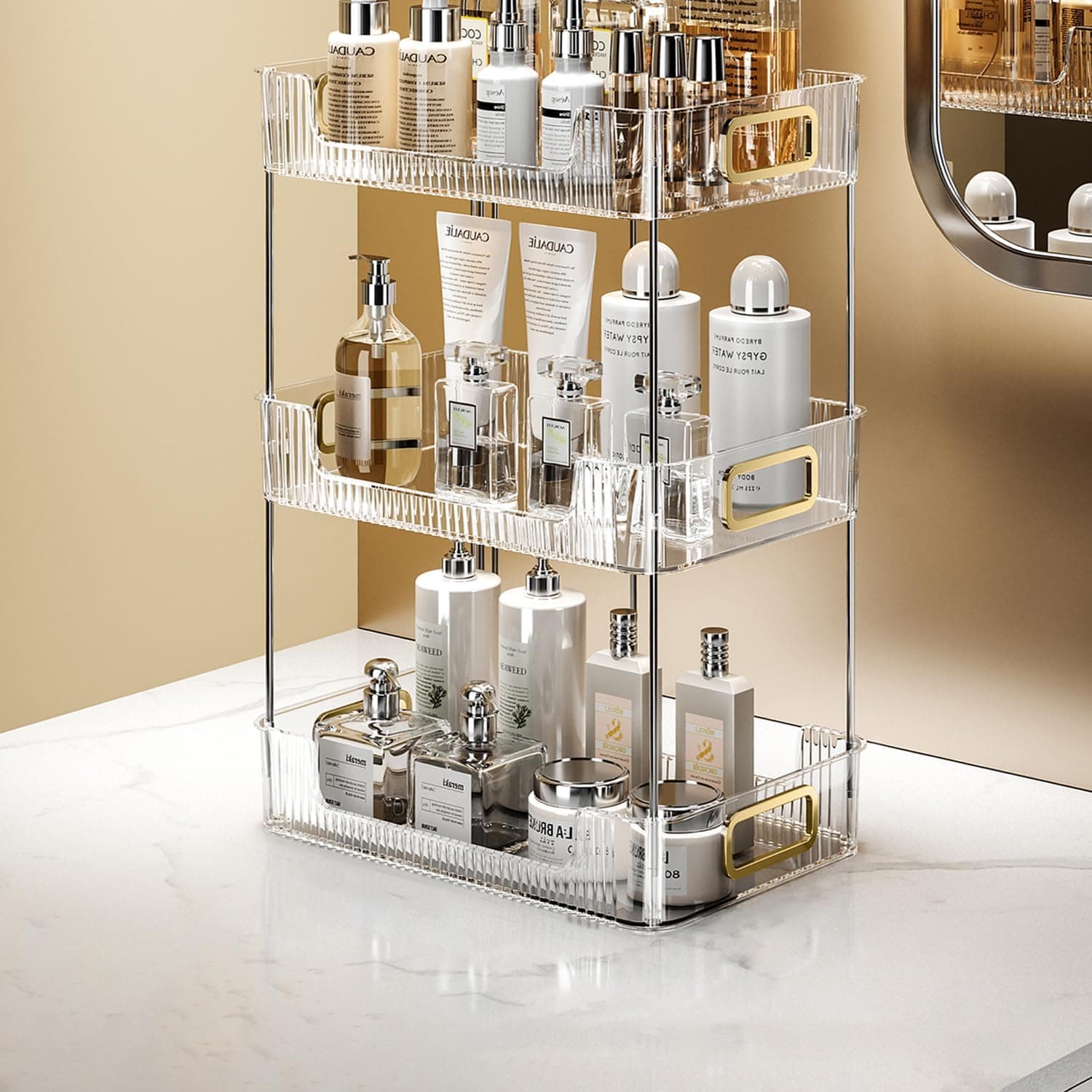 BEROZA Clear Dressing Table Storage Box, Makeup Shelf, 3 Tiers Makeup Organizer to Store Skincare Products, Brushes, Eyeshadow, Lotion, Lipstick, Nail Polish and Jewelry (style 1)