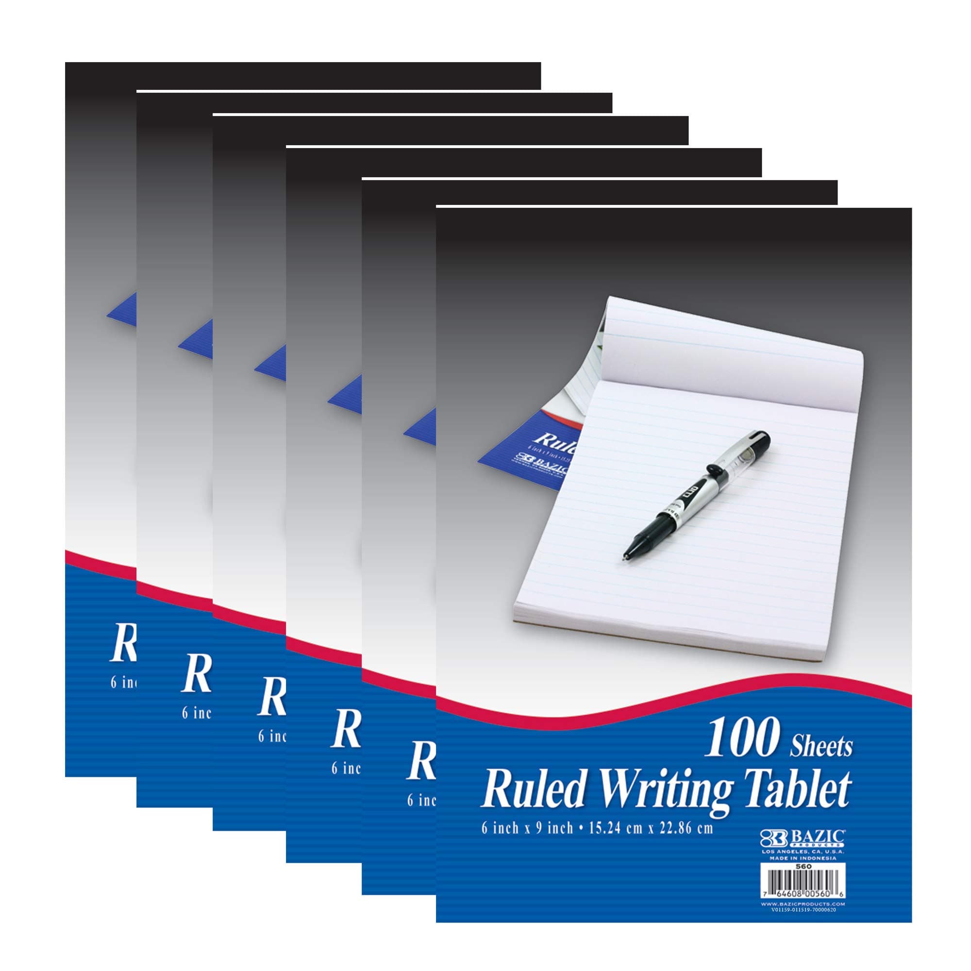 BAZIC Products Writing Pad 100 Sheets 6" x 9" – Writing Pad With Durable Lined Note Pads, Smooth Writing Paper, and Easy-tear Paper Pads; Compact Note Pads and Writing Pads for Office, School, or Home, 6-Pack