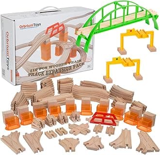 110 Pieces Wooden Train Tracks Expansion Pack with Bridges, Tunnel, Ascending Tracks, Accessories, Elevated Tracks, Toddler Boys Kids 3-8 Montessori STEM Gift Compatible Thomas, Brio Wooden Railways