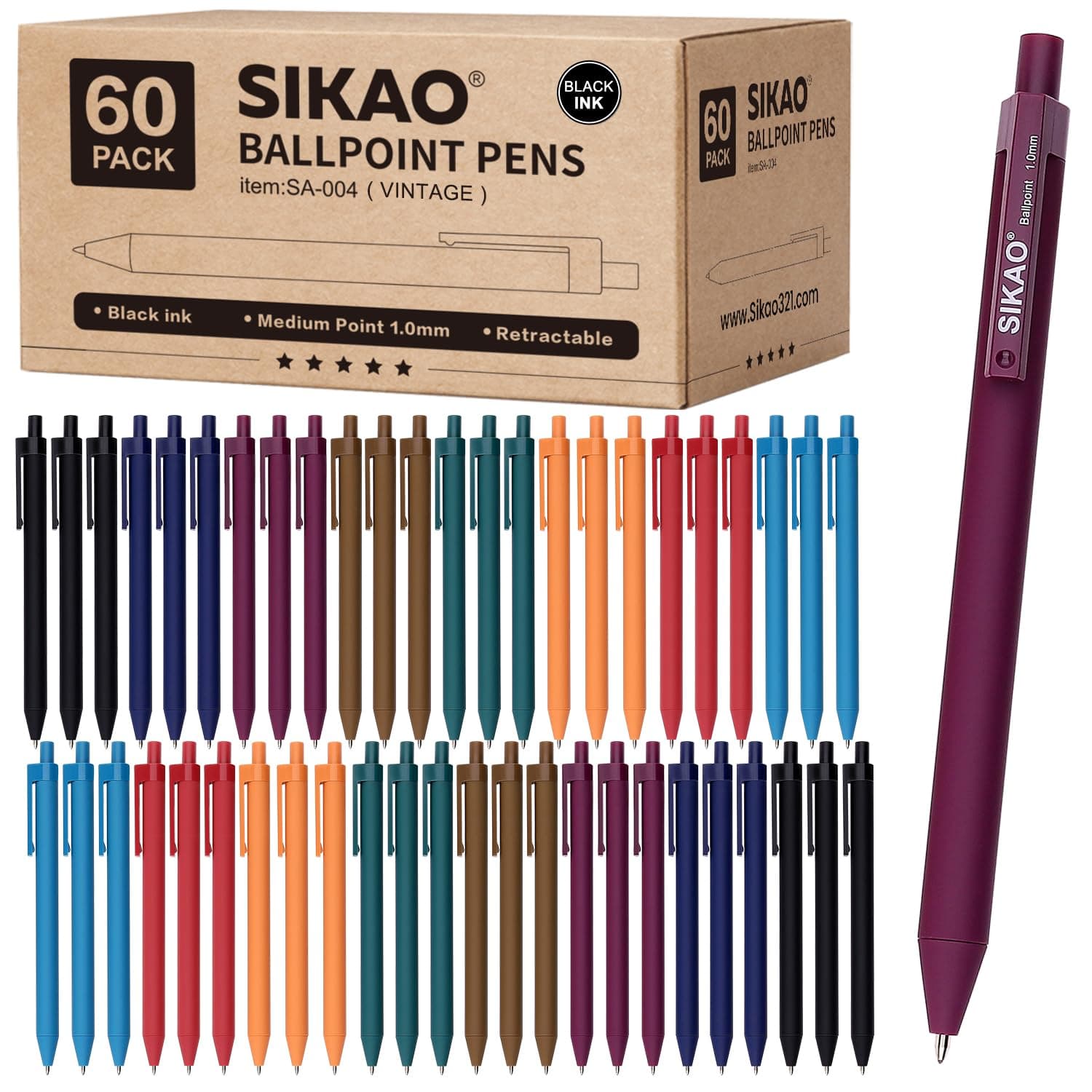 Pens Bulk, 60 Pack Vintage Ballpoint Pens with Black Ink, 1.0mm Medium Point Smooth Writing, Click Pens 8 Calm Vintage Colors for Teachers, Students, School & Office Supplies
