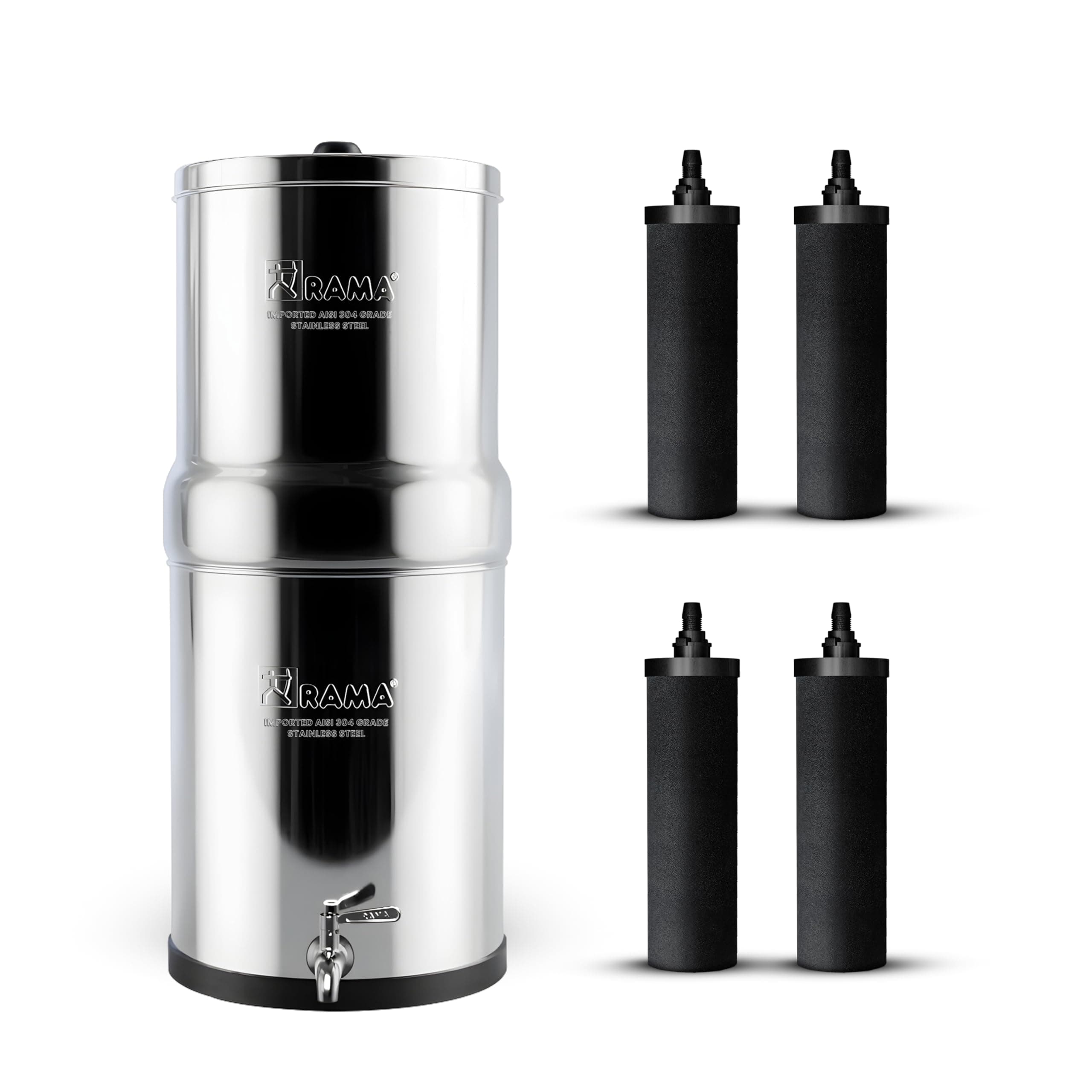 RAMA Gravity Water Filter | 17L Total Capacity (8L Storage) | 304 Stainless Steel Non-Electric Purifier for Home | Includes 4 Carbon Candles & Steel Tap | 10-Year Warranty