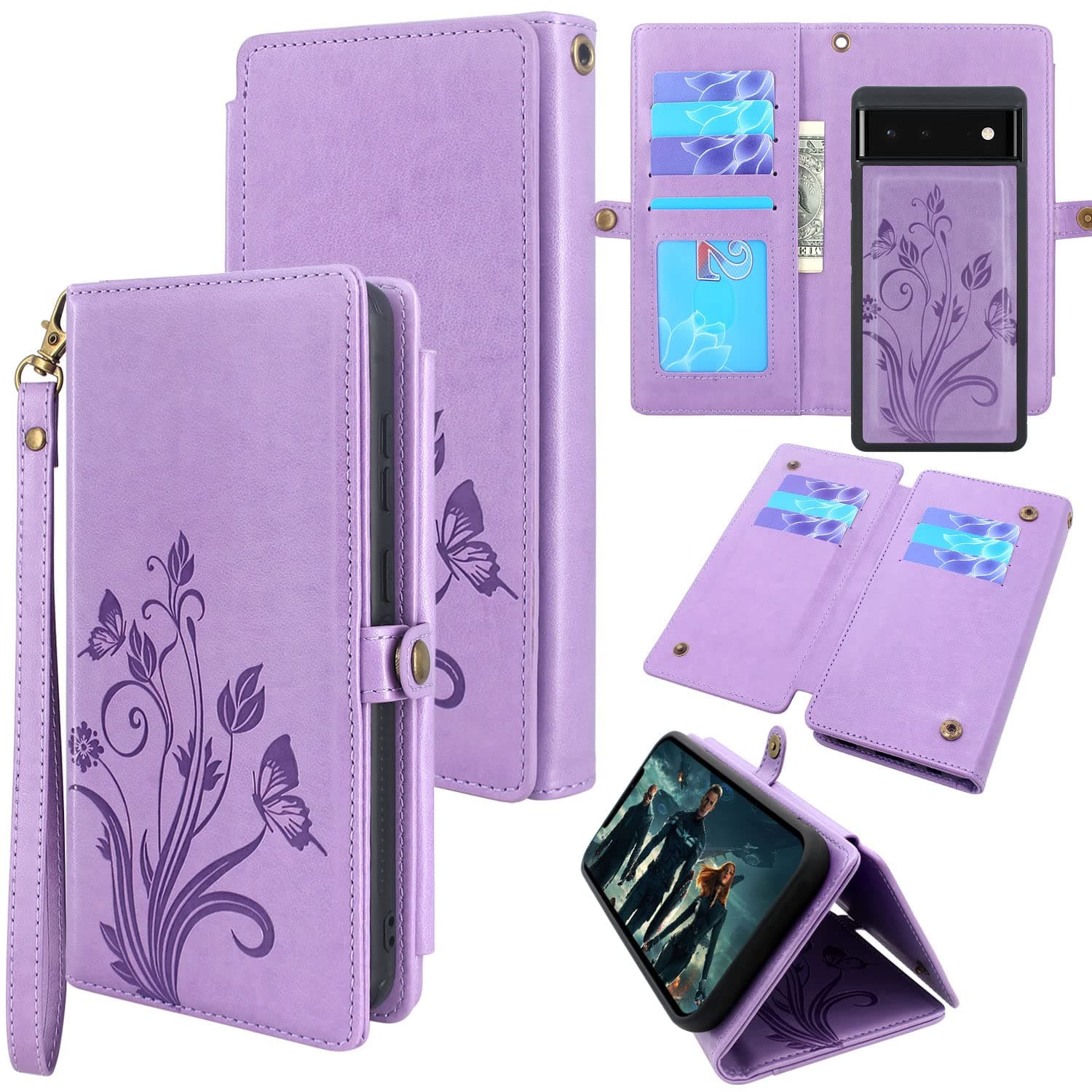 LacassCompatible with Google Pixel 6A 5G 2022 Case [ 10 Card Slots ] ID Credit Cash Holder Detachable Magnetic Leather Wallet Phone Cover Kickstand Wrist Strap Lanyard (Butterfly Light Purple)
