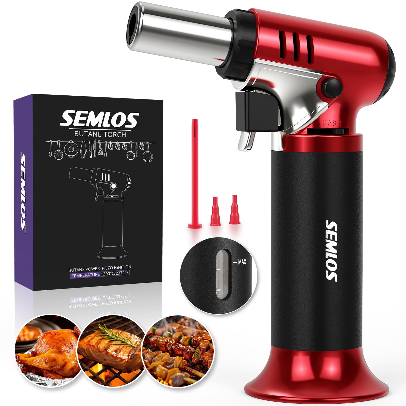 Semlos Butane Torch with Fuel Gauge, Refillable Kitchen Torch Lighter with Safety Lock and Adjustable Flame for DIY, Creme Brulee and Soldering(Butane Gas Not Included)