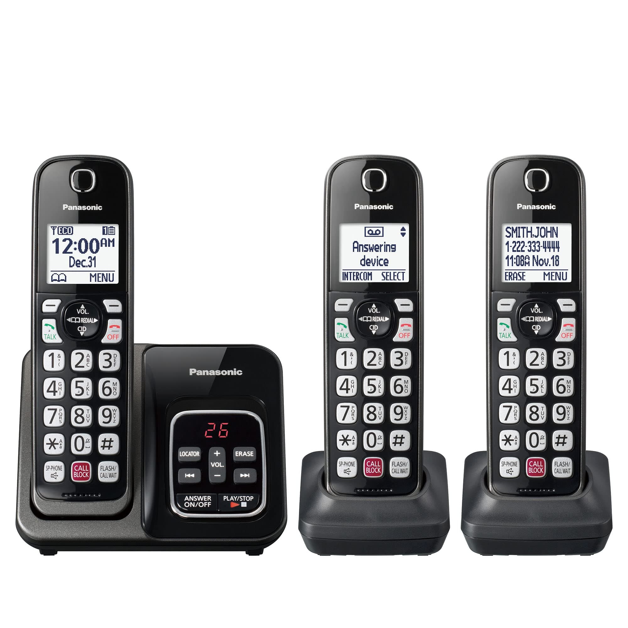 Panasonic Cordless Phone with Answering Machine, Advanced Call Block, Bilingual Caller ID and High-Contrast Display, Expandable System with 3 Handset Cordless Telephones - KX-TGD833M (Metallic Black)
