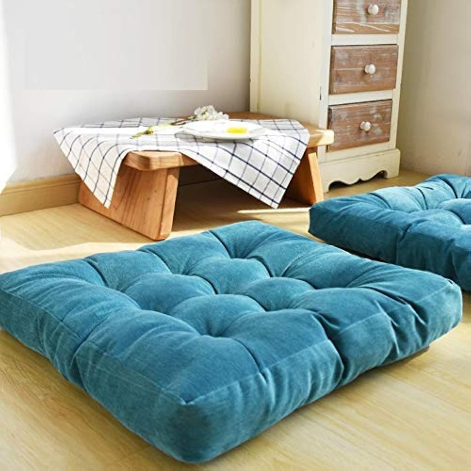 HIGOGOGO Square Meditation Pillow, Large Floor Pillow Solid Thick Tufted Seat Cushion for Balcony Bedroom Tatami Living Room, Turquoise, 22x22 Inch