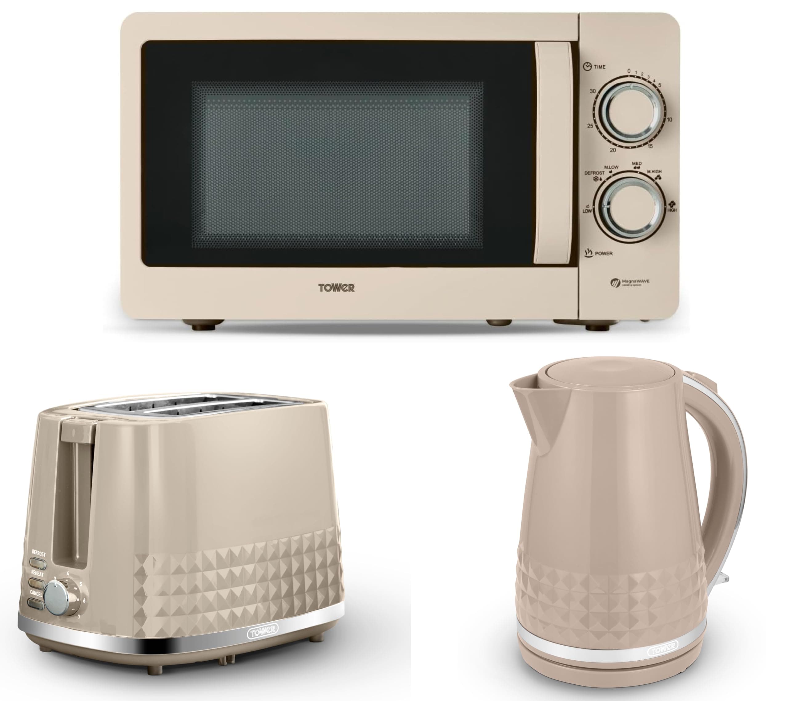 Tower Solitaire Latte 1.5L 3KW Jug Kettle, 2 Slice Toaster & T24042MSH 800W 20L Microwave. Matching Modern Design Kitchen Set in Latte with Chrome Accents