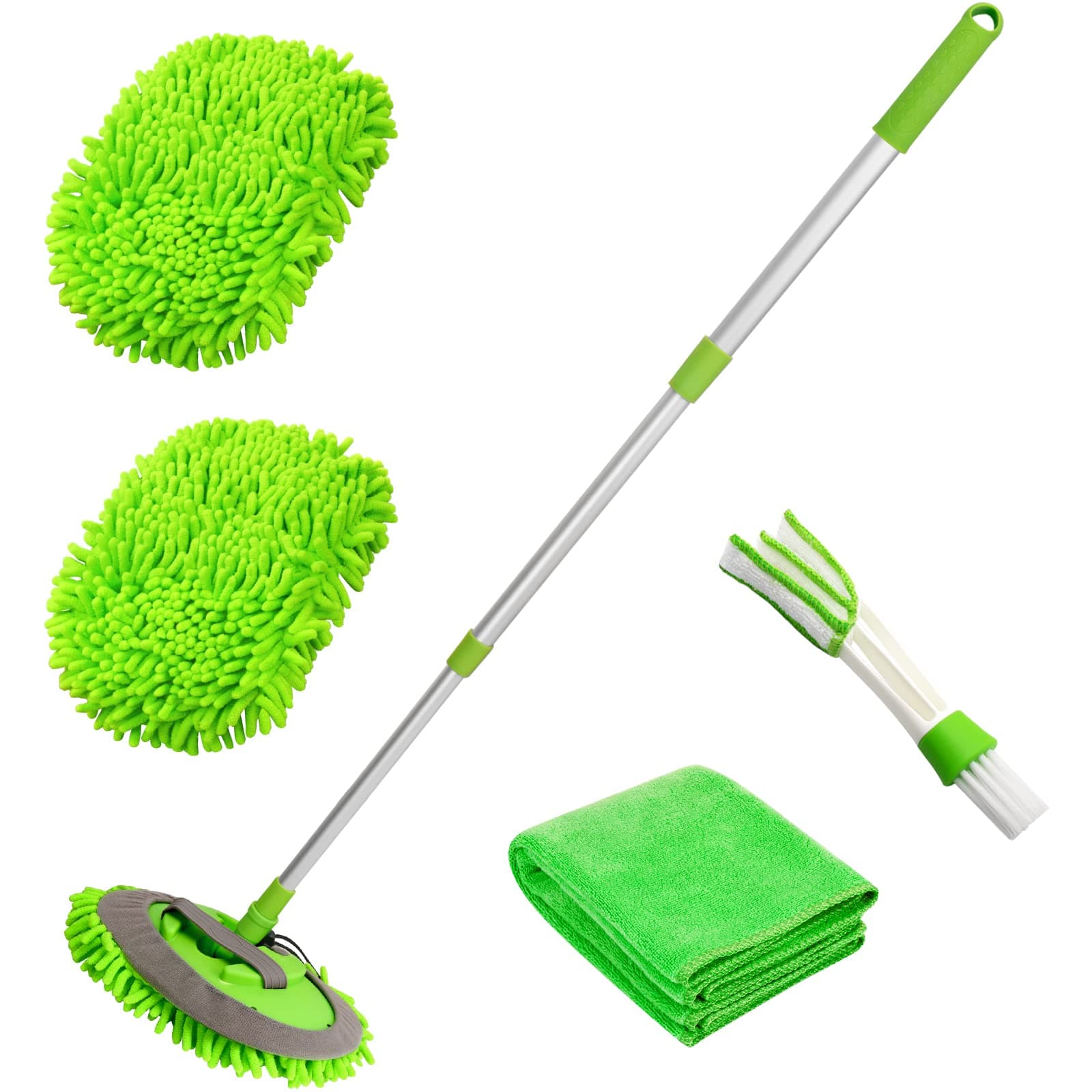 2 in 1 Microfiber Car Wash Mop Mitt with 45" Aluminum Alloy Long Handle,Chenille Car Cleaning Kit Brush Duster with Scratch Free for Washing Car/Truck/RV,2 Mop Head and 1 Towels and Air Vent Duster