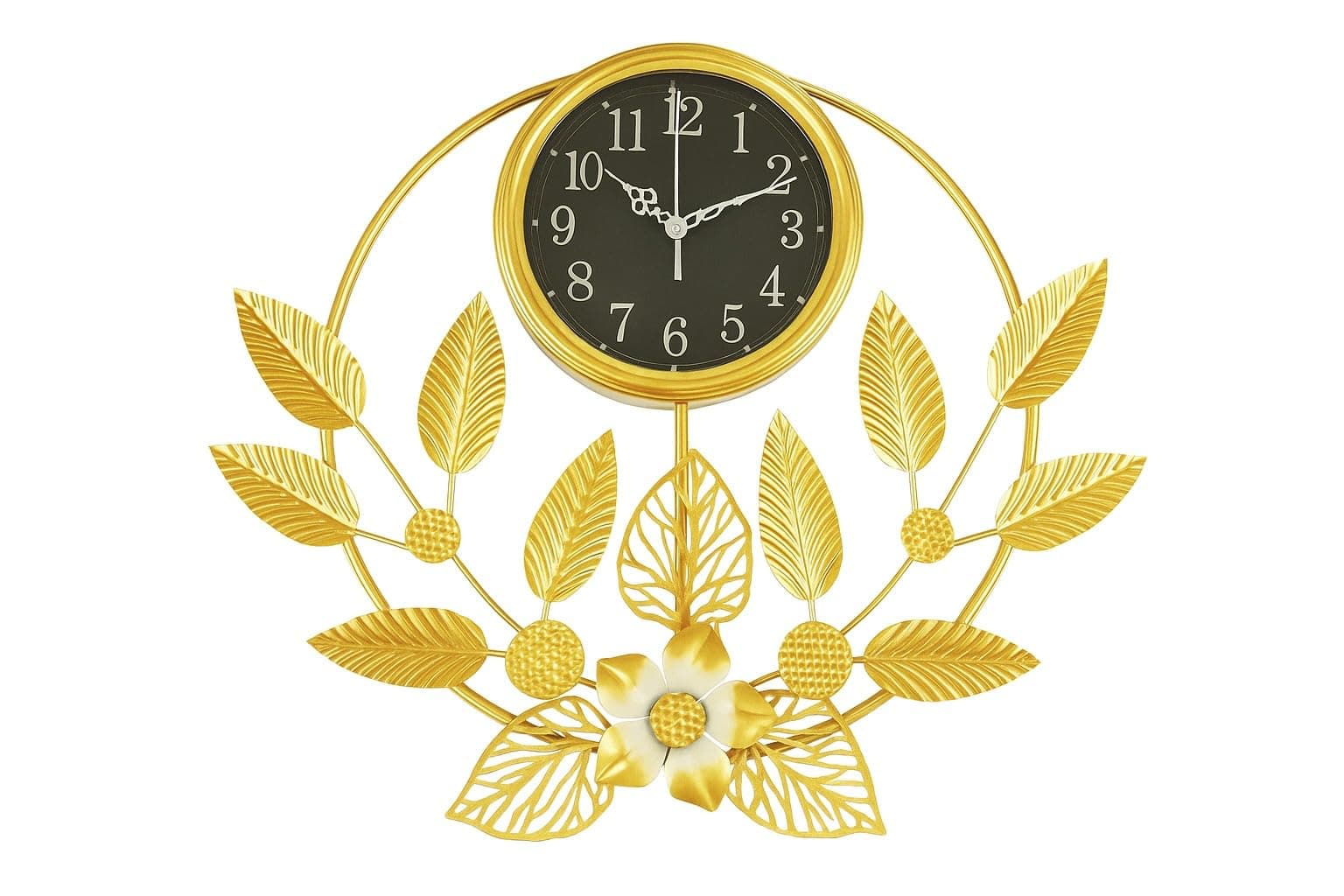 Large Wall Clock Creative Metal Flower Leaf Design Wall Clock Silent Non Ticking Decoration Wall Clocks for Living Room Bedroom Home (MO-17)