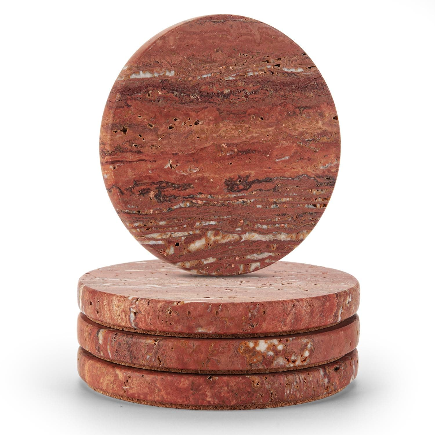WORHE Marble Coaster for Drinks 4" Diameter Set of 4 Round Travertine Coasters for Home Decor Office Parties Birthday Housewarming Gift, Protect Countertops from Dirty,Sturdy and Tough Red (WH026)