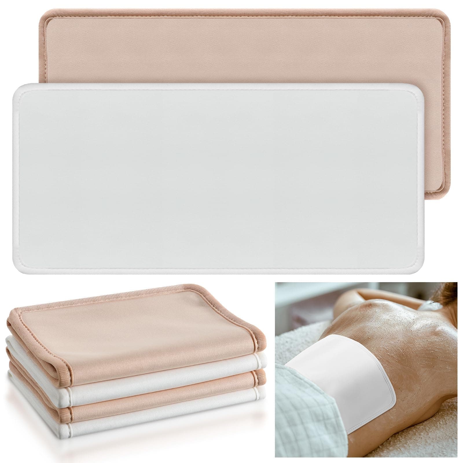 Excefore 4 Pcs Cotton Flannel for Castor Oil Pack, Less Mess Made of Unbleached Organic Cotton Flannel Reusable Soothing Heat Compress for Liver, Abdomen, Joints, Highly Absorbent, White, Khaki