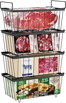 iSPECLE Chest Freezer Organiser - 4 Pack for 198 Litre Deep Freezer, Stackable Wire Chest Freezer Baskets to Sort Frozen Food, Freezer Storage Bins with Handles for Easy Access, Black