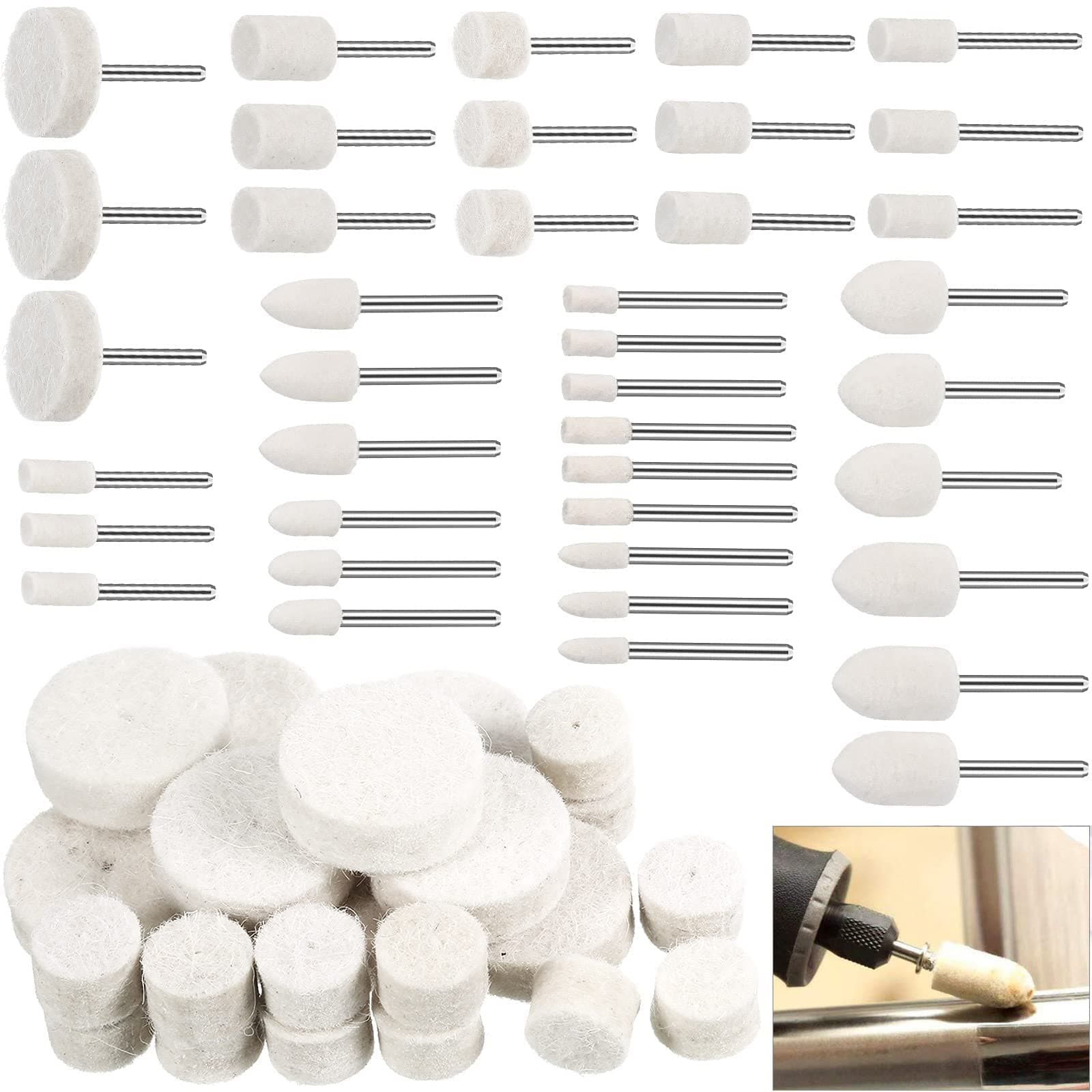 MAKINGTEC 100 Pieces Wool Felt Polishing Buffing Wheel, Mounted Mandrel Grinding Bits Point Mandrel Polishing Kit Tool Accessories for Jewelry Rotary Tool Attachment