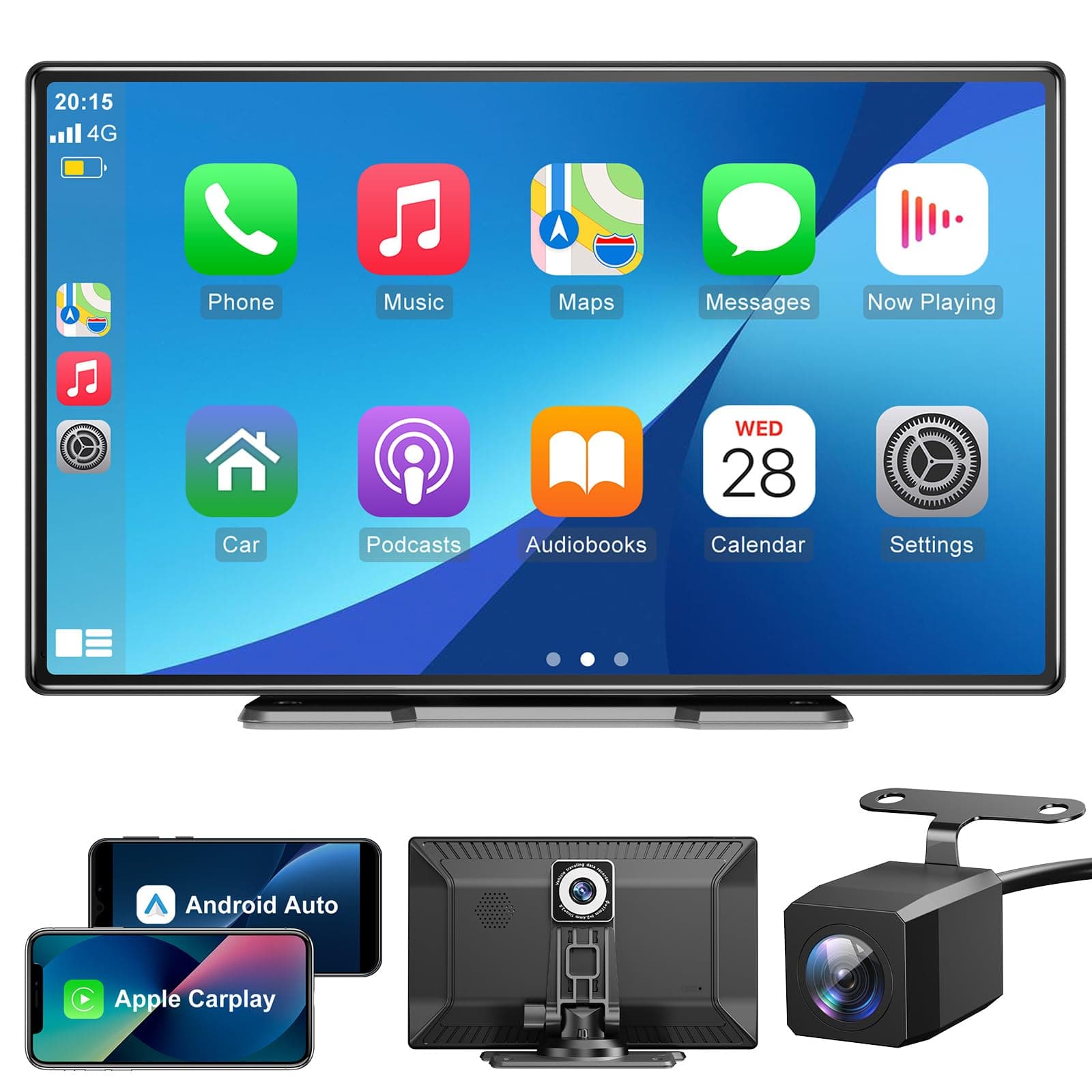 ESSGOOA-pple CarPlay & Android Auto,9 inch IPS Carplay Display,with 4K dashcam, 1080P Rear View Camera,carplay auto with Bluetooth 5.0/FM/Siri/G-oogle/Mirror Link/64G TF/AUX