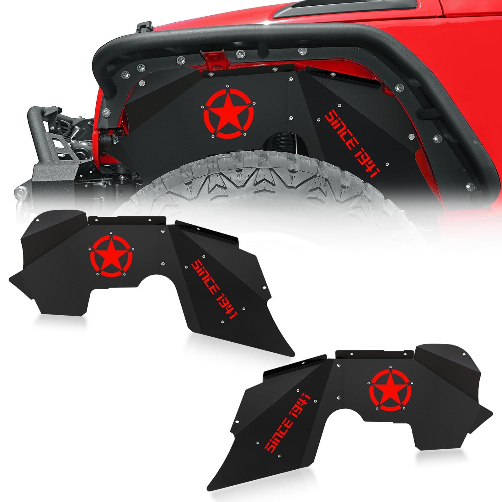 Front Inner Fender Liners Compatible with 2007-2018 Jeep Wrangler JK & JKU Unlimited 2/4 Doors, Bolt-on Style Mud Guards Cover Steel Wheel Well Fenders Flares (2 Pcs, 1941 & Red Star Style)