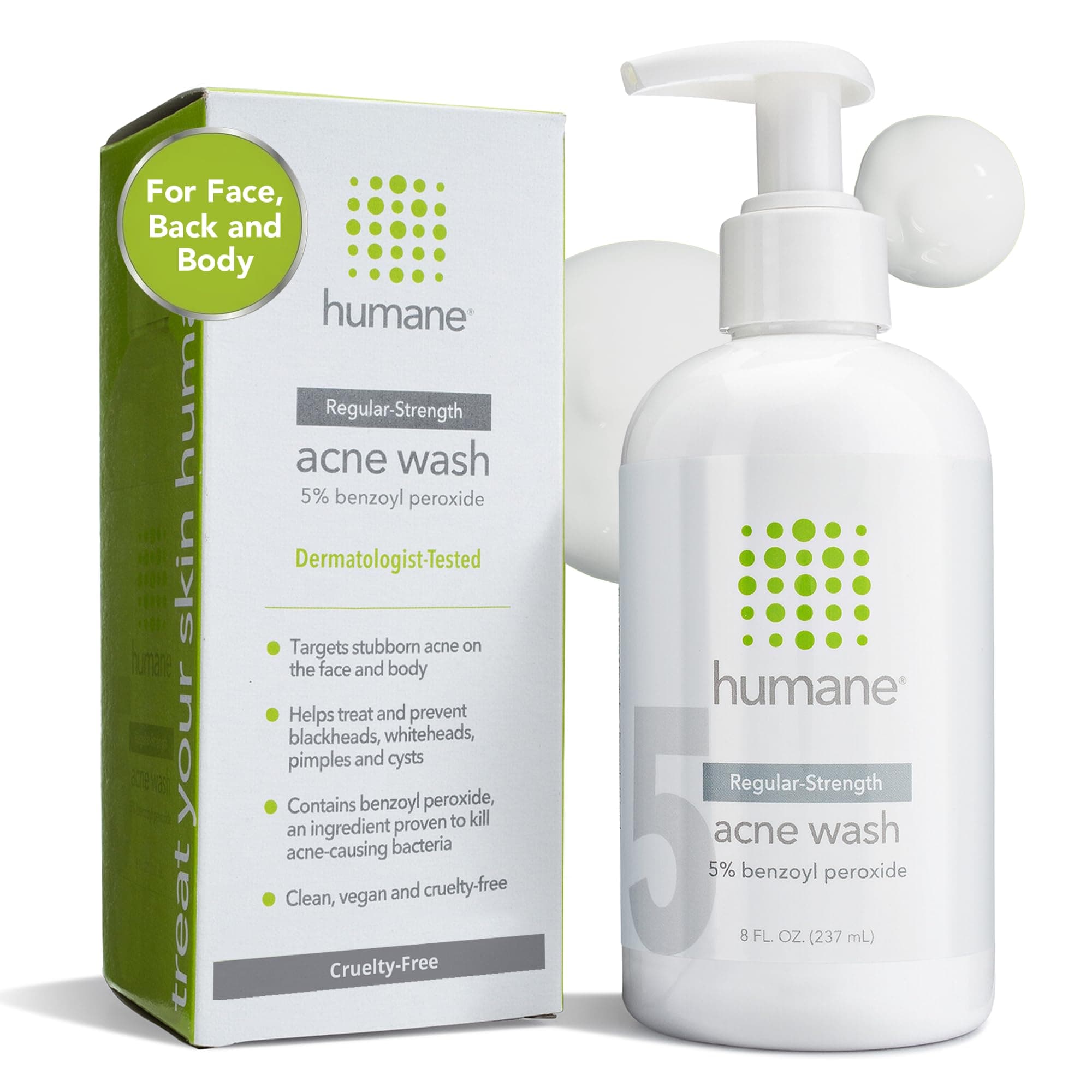 Benzoyl Peroxide Face Wash - 5% Regular-Strength Acne Face Wash For Skin, Back & Body - 8 Fl Oz - Dermatologist-Tested Non-Foaming Cleanser - Benzoyl Peroxide Acne Treatment - Cruelty-Free
