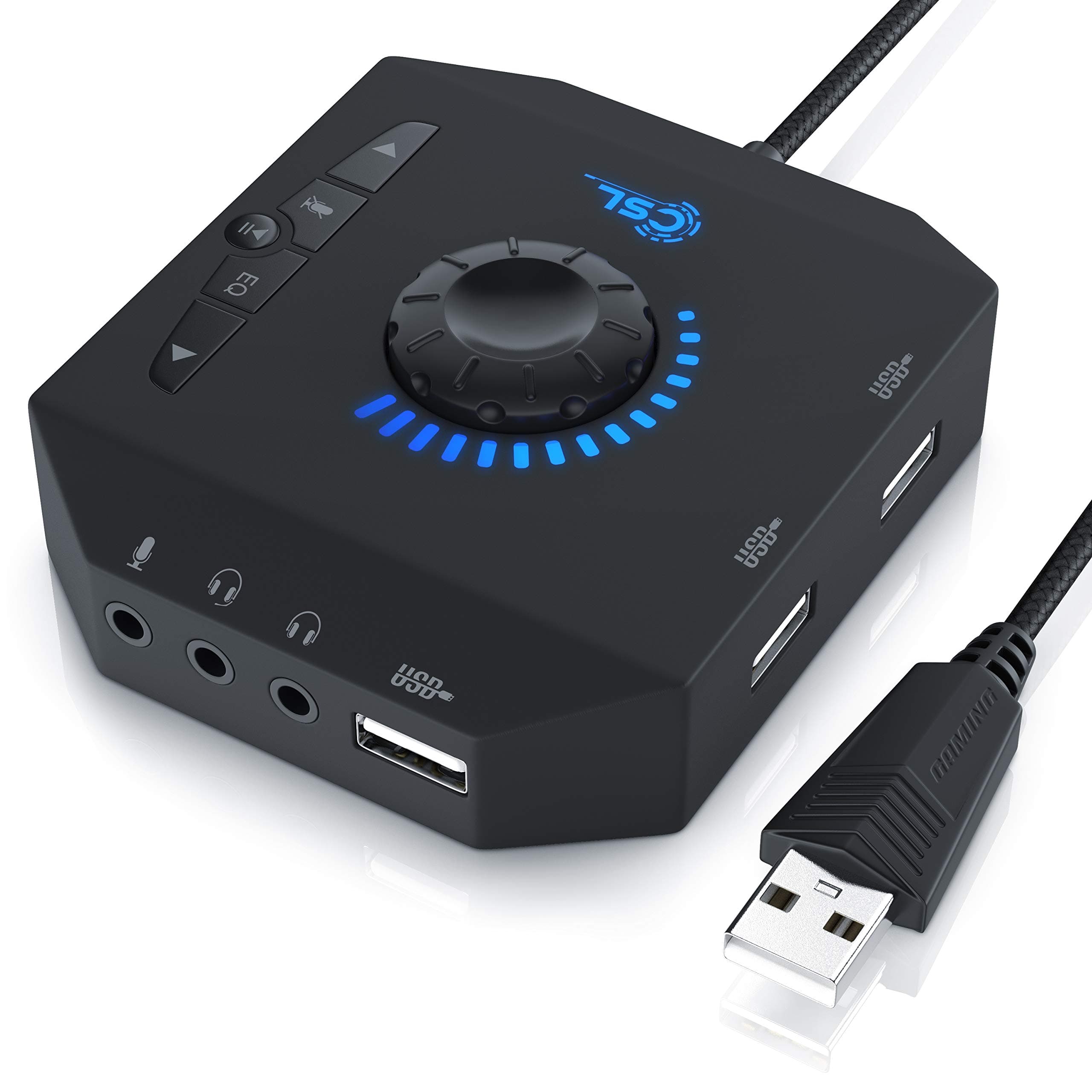 CSL - USB Soundcard - external USB Sound card with volume control - USB Hub - Headset, Headphone, Microphone Jack Port - Equalizer – Microphone mute key – plug & play - no extra driver needed - black