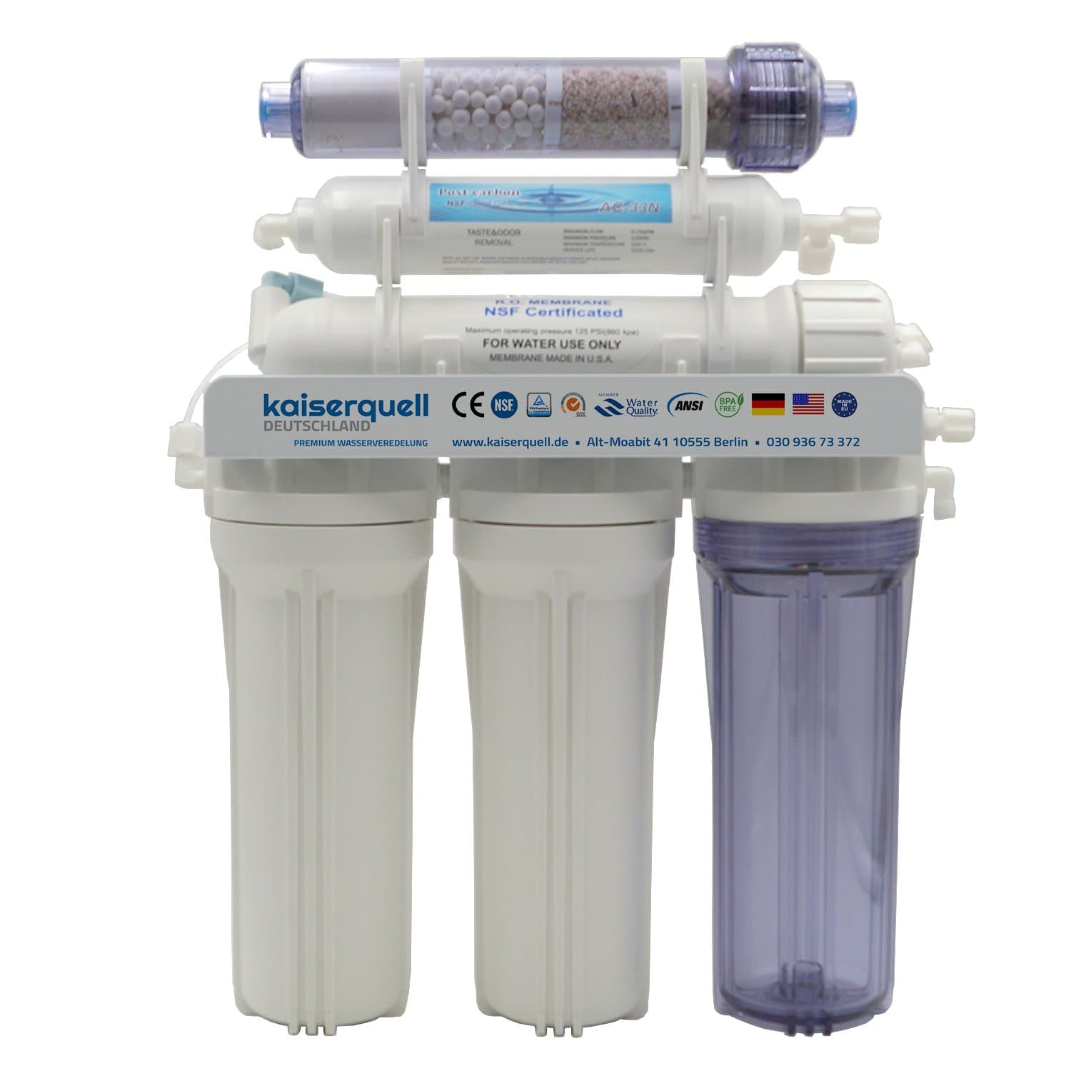 Premium package with 3-way stainless steel mixer battery, reverse osmosis system, 6-stage filters, bacteries, pesticides and nitrate, made from water filter system, osmosis system, water filter, domestic water filter, drinking water filter, mineralises lime-free processed drinking water from the pipe with easy installation.