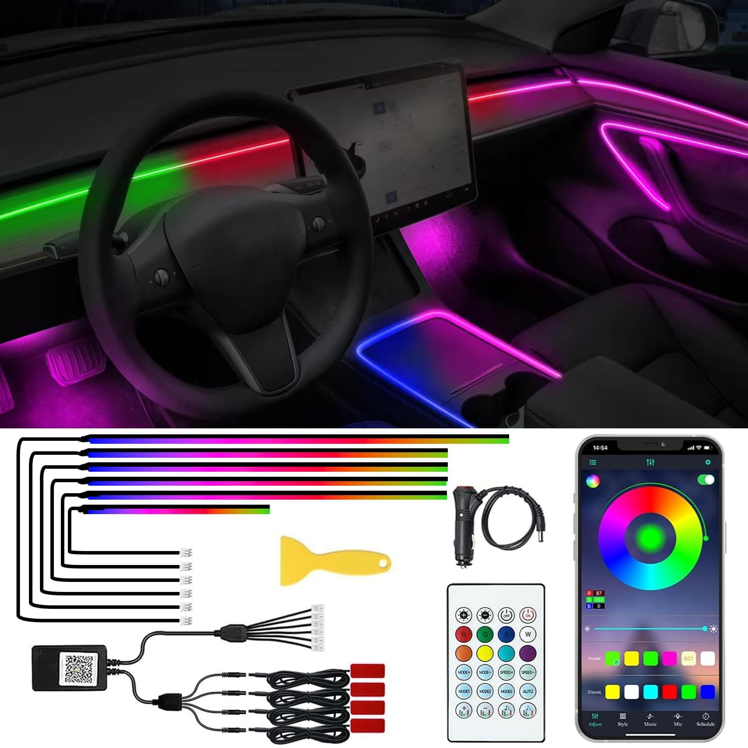- Acrylic Interior Car LED Lights with Remote and Wireless APP 10 in 1,Ambient Lighting Kits Fiber Optic Strip LEDs,16 Million Colors Music&DIY Function