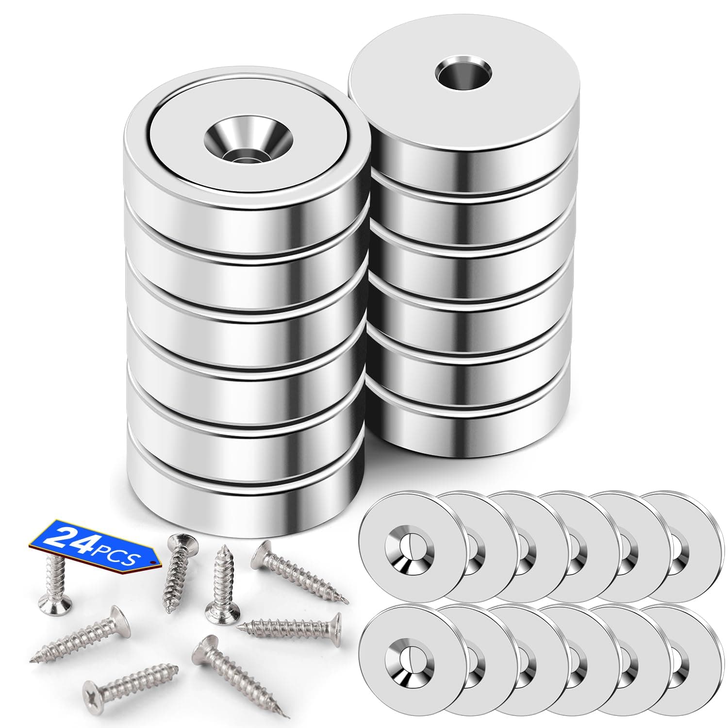 LOVIMAG 12 Pack Cabinet Magnets, Neodymium Cup with Countersunk Hole, 30lbs Strong Rare Earth for Doors, Holding Tools, Lifting, Hanging - 0.78 * 0.2 inch