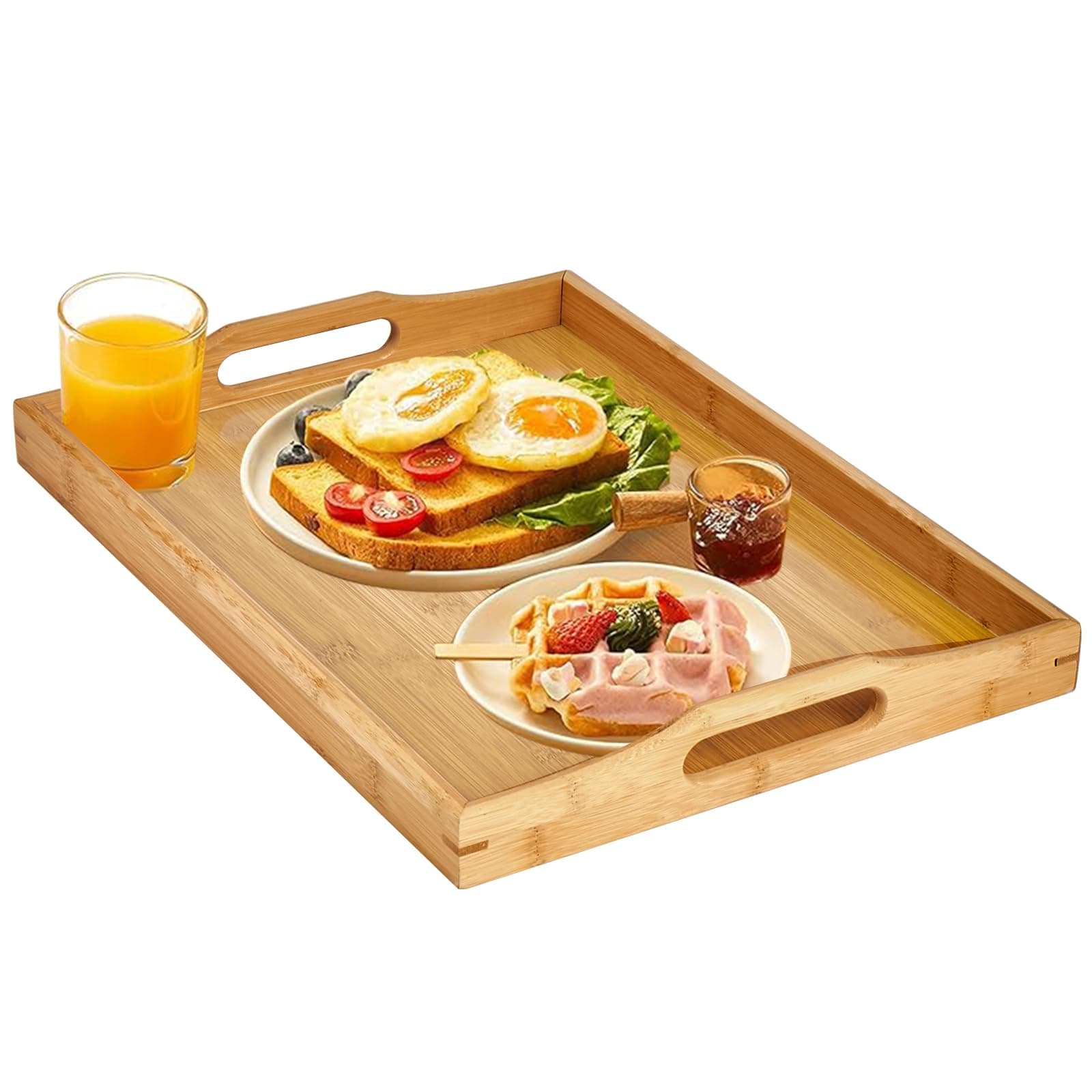 Bamboo Dinner Tray with Handles, Breakfast Tray, Wooden Trays, Large Rectangular Serving Trays (42 × 32 CM)