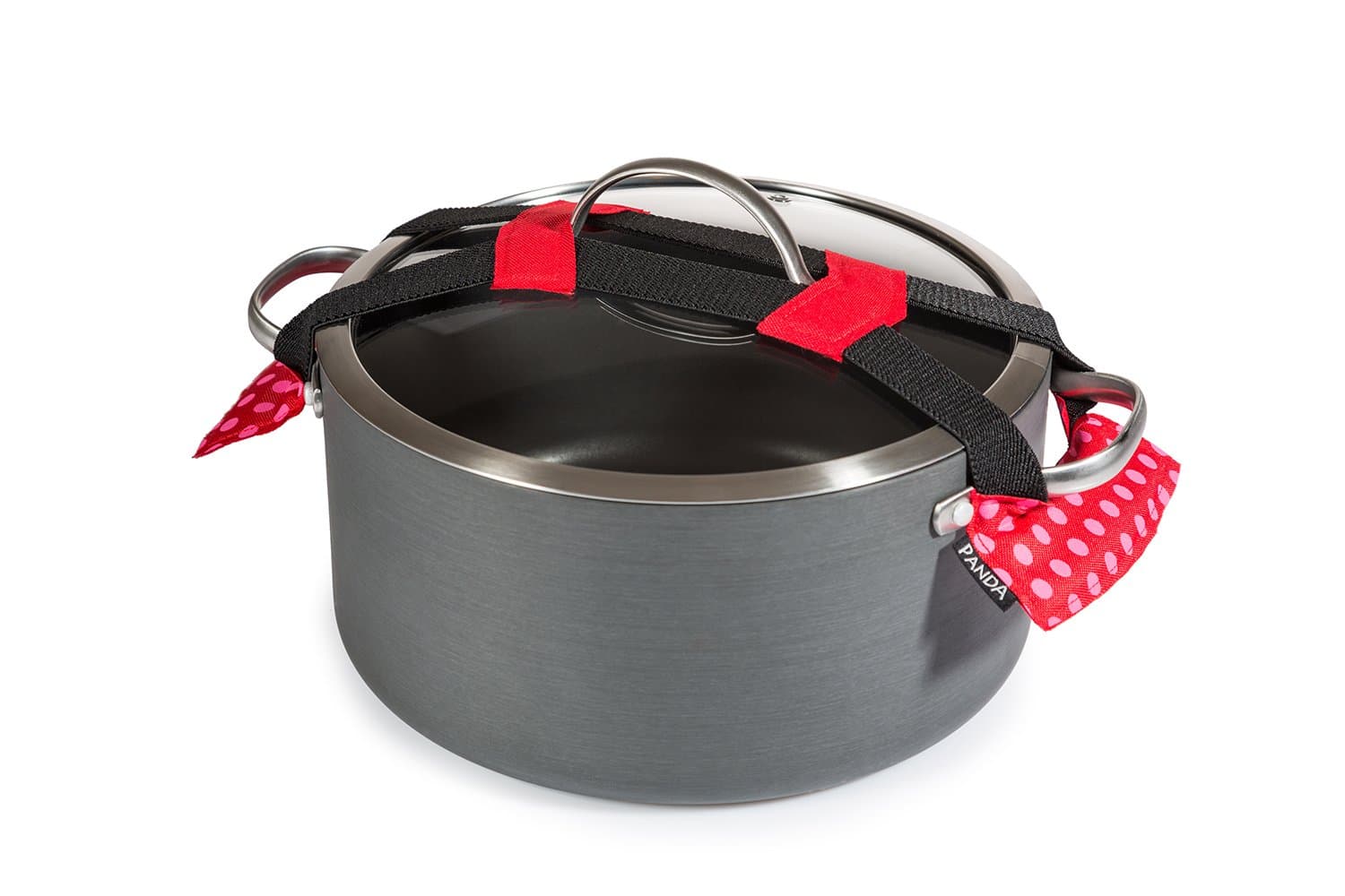 Pots2go Panda Universal Pot Lid Locking Strap: Seals and Secures Most 7.5 to 13 Inch Cookware Lids with Flexible Elastic Strap (Red)