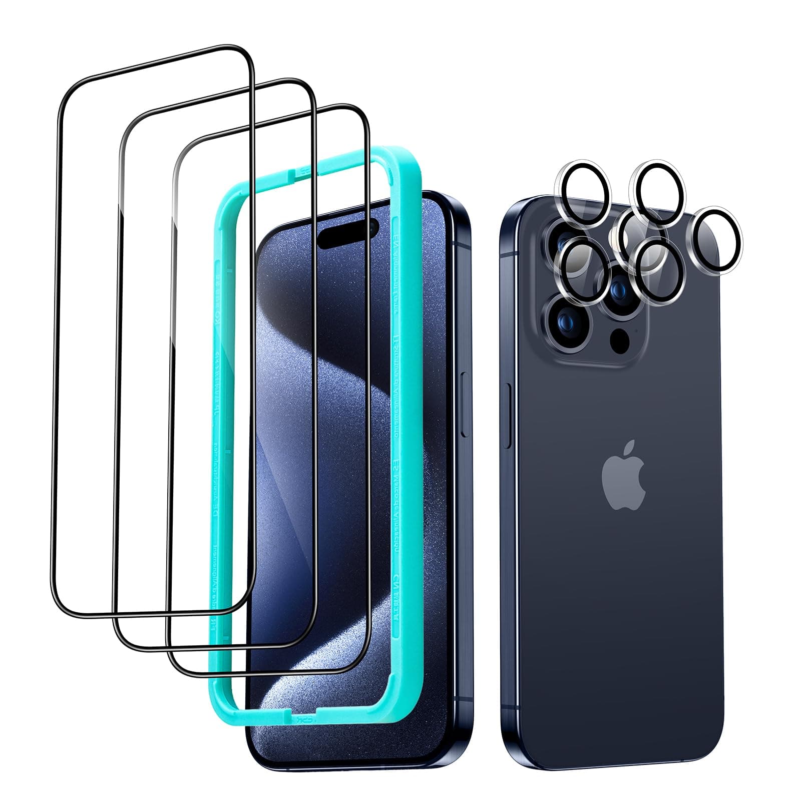 ESR for iPhone 15 Pro Screen Protector Set, 3 Tempered-Glass Screen Protectors and 2 Set Individual Lens Protectors, 2.5D Curved Edges, Full-Coverage Military-Grade Protection, Scratch Resistant