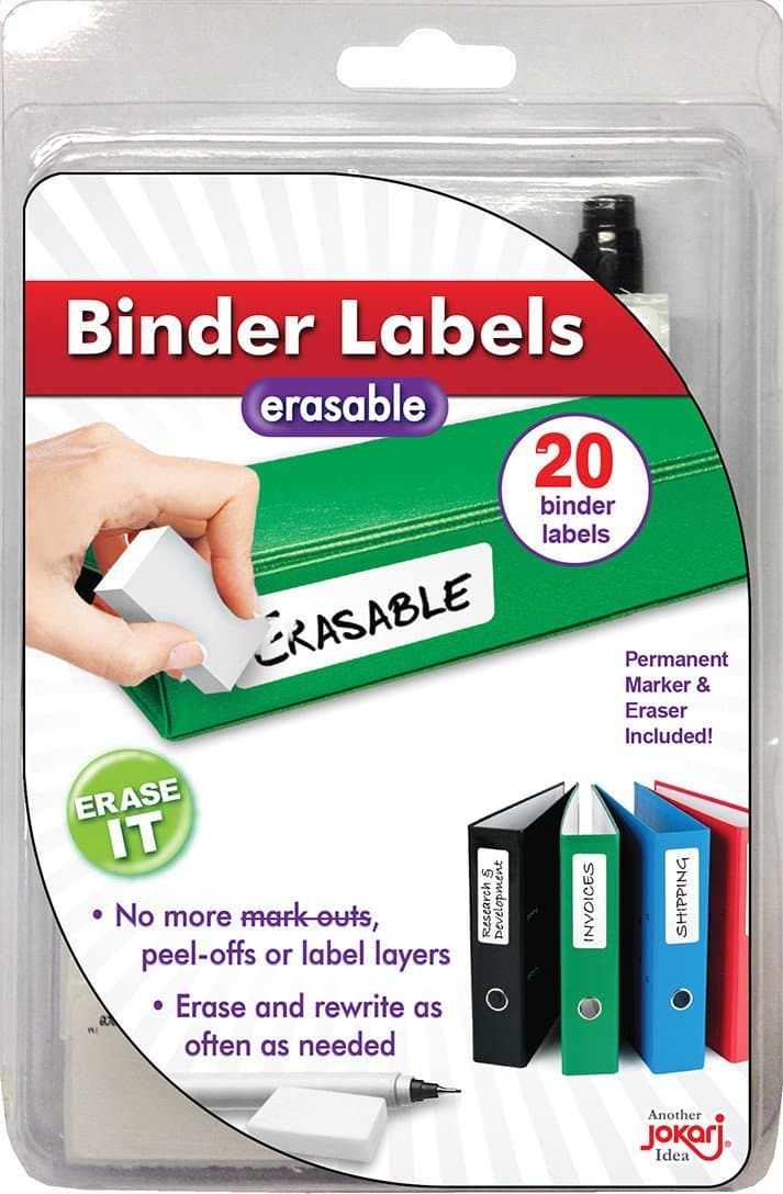 Erasable Reusable Office and School Binder Labels, 3.4 x 1 Inch. Kit Includes 20 Pack of Stickers with Fine-Tipped Permanent Marker and Eraser
