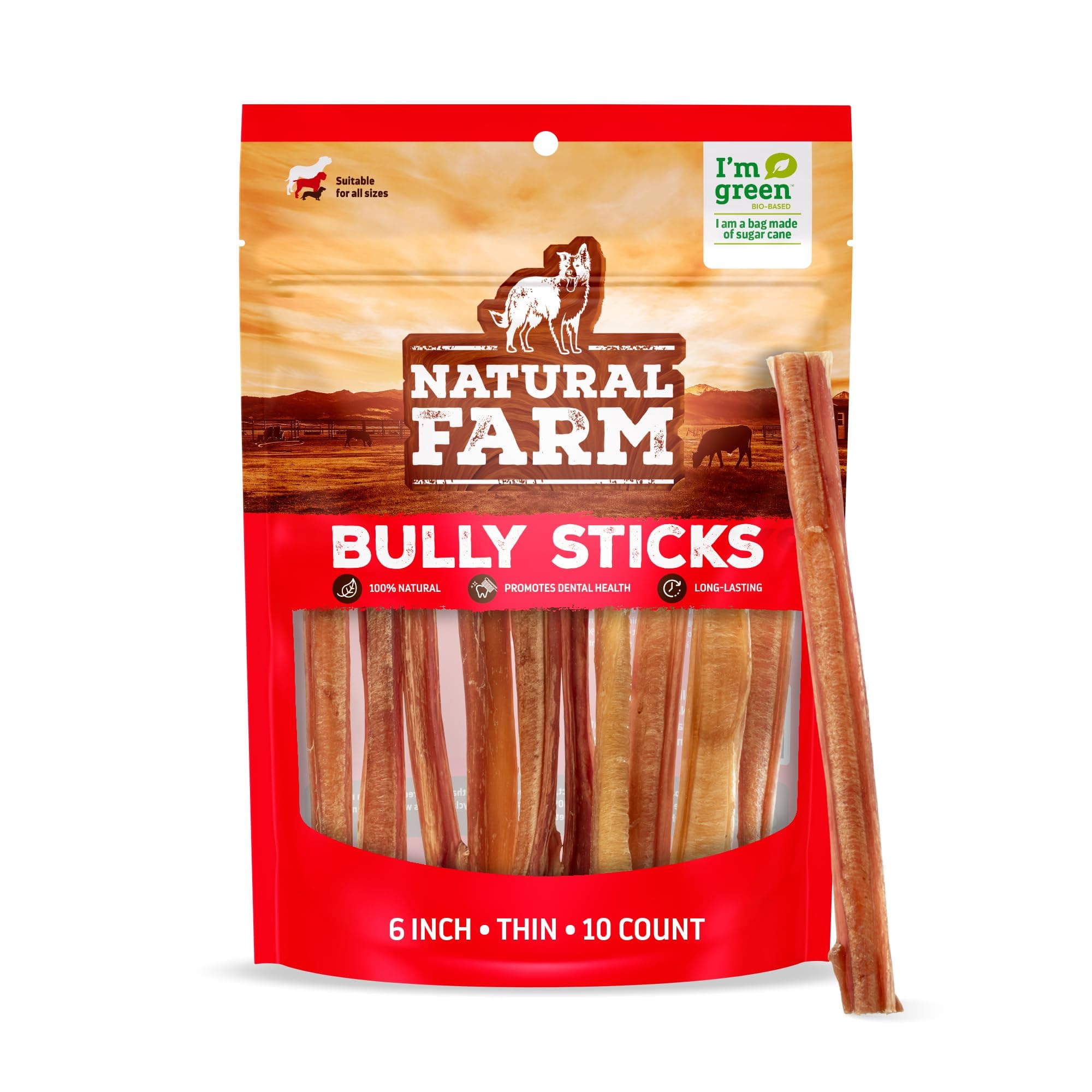 Natural Farm Odor-Free Thin Bully Sticks (6”, 10-Pack) All-Natural Long-Lasting Dog Chews, 100% Beef Pizzle, Grass-Fed, Grain-Free, Protein for Muscle Development & Energy, Perfect for Medium Chewers