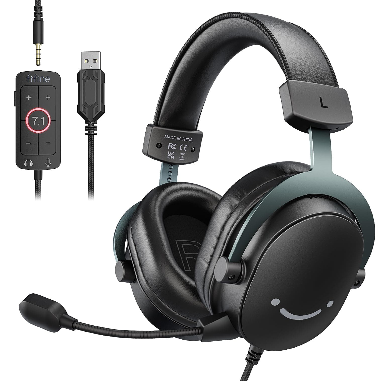 Gaming USB Headset with 3.5mm Audio Jack, PC Over-Ear Headset with 7.1 Surround Sound, Detachable Microphone, Volume Control, Wired Headphones Black for PS5/PS4/Switch/XBOX controller H9