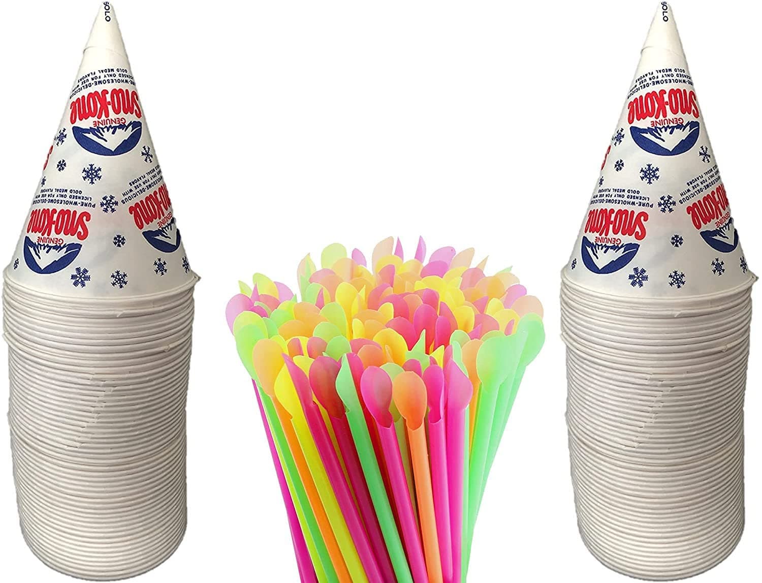 Concession Essentials 100 Count 6oz Snow Cone Cups with 100 8" Neon Spoon Straws, Pack of 200ct (100 cups/100 straws)