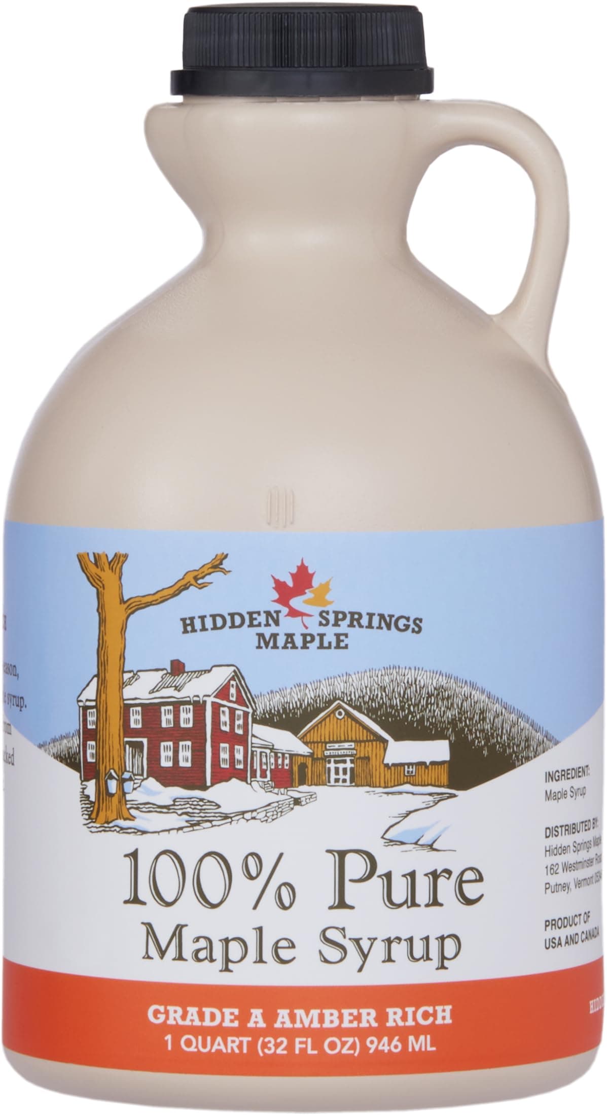 Hidden Springs Maple Amber Rich Quart 100% Pure Maple Syrup USA/CAN, BPA-free Jug