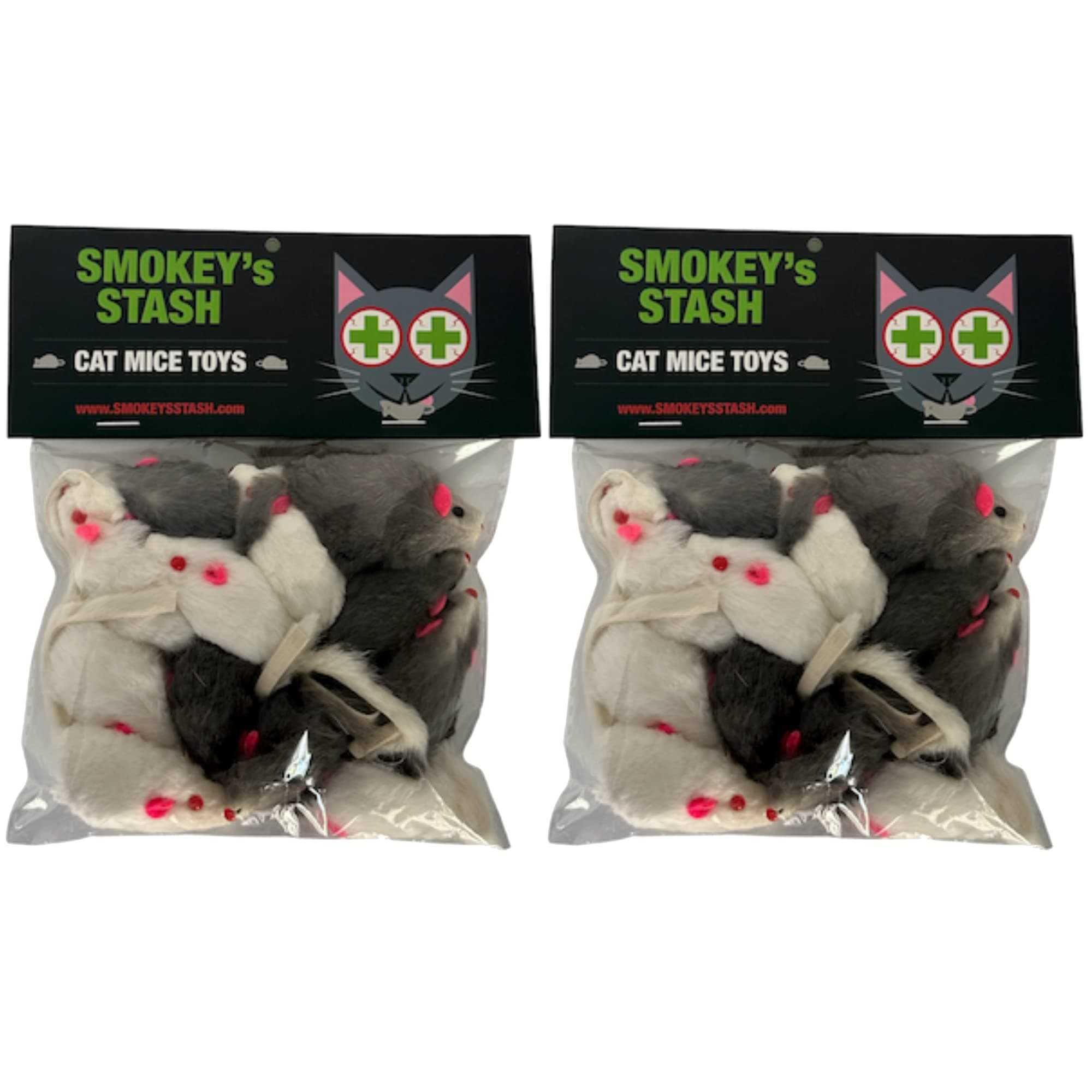 Smokey's Stash Rabbit Fur Mouse Cat Toy 24 per Pack White and Gray Fuzzy Toys for Cats with Rattle Realistic Fake mice (24)