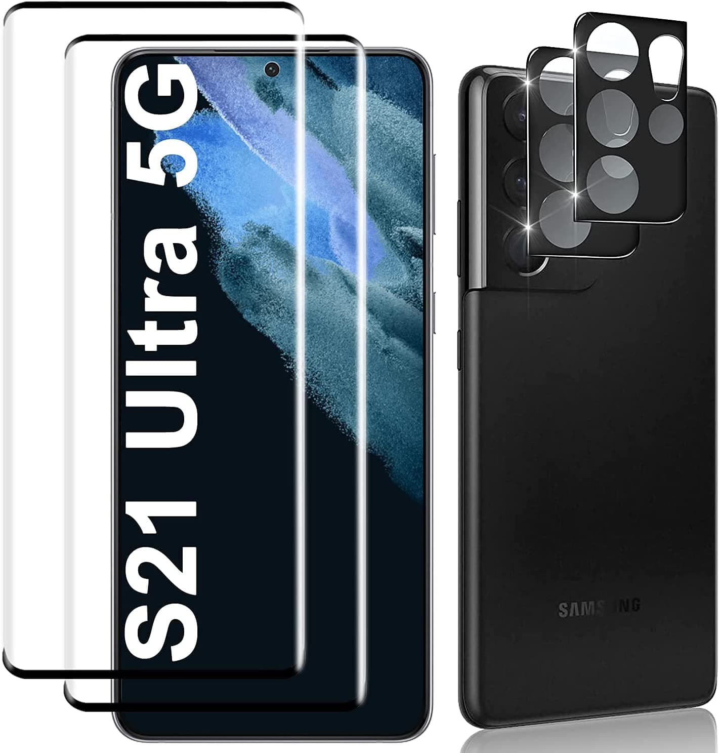 [2+2 Pack]Galaxy S21 Ultra Screen Protector, HD Clear Tempered Glass, Ultrasonic Fingerprint Support, 3D Curved, Scratch Resistant, Bubble-Free for Galaxy S21 Ultra 5G Glass Screen Protector