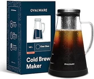 Ovalware RJ3 Airtight Cold Brew Iced Coffee Maker and Tea Infuser with Spout - 1.0L Brewing Glass Carafe with Removable Stainless Steel Filter