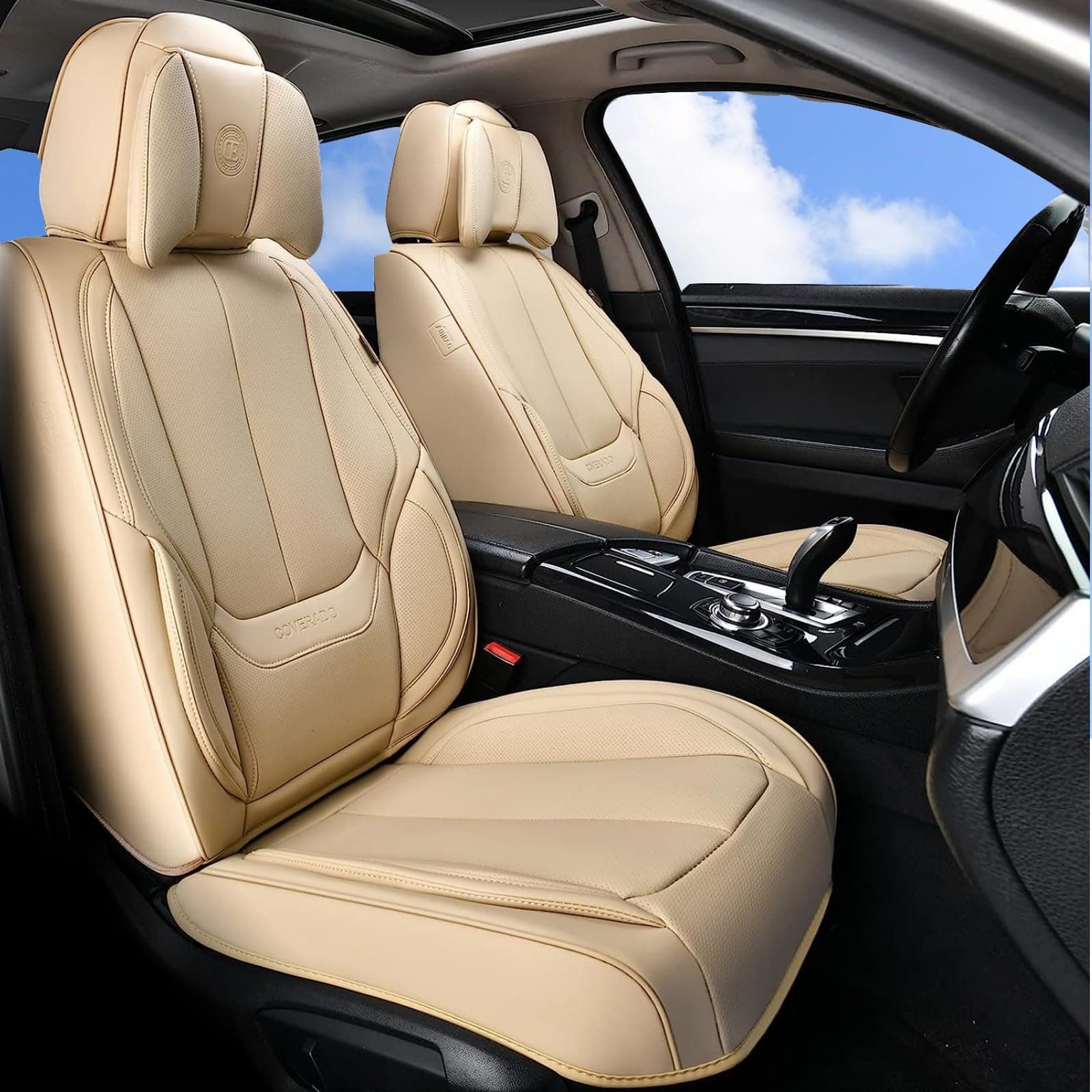Universal Seat Covers Full Set, 5 Seats Universal Seat Covers for Cars, Waterproof NAPPA Leather Car Seat Covers with Head Pillow, Auto Protectors Fit for Most Sedans SUV Pick-up Truck, Beige