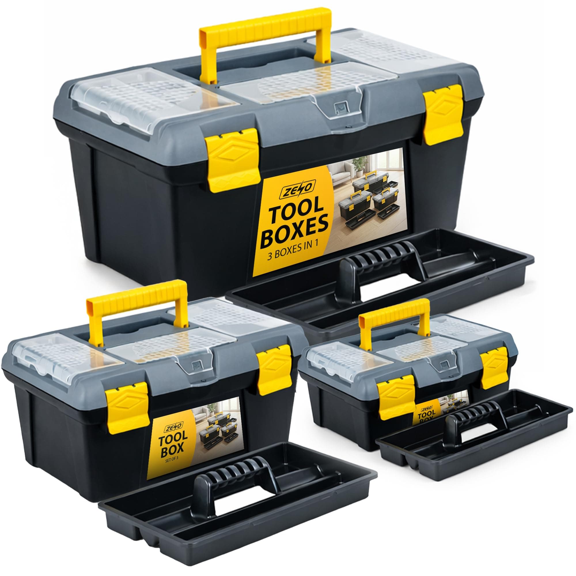 ZENO 3 Piece Plastic Toolbox Organiser Set | 10" 13" 16" Inch Tool Boxes Plastic Portable Tool Box Set | Toolbox Organiser with Extra Storage Tray for Home Tools | Nails and Pins | Utility Toolbox
